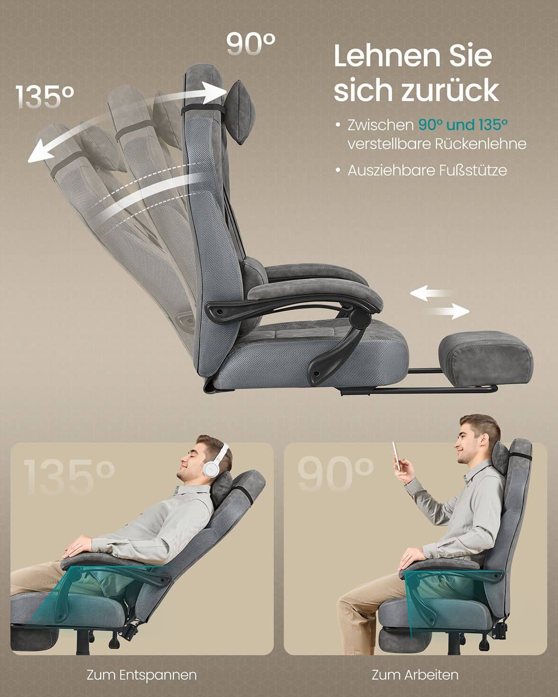 Gaming-Stuhl mit Fußstütze und verstellbarem Kopfkissen schiefergrau Gaming-Stuhl mit Fußstütze und verstellbarem Kopfkissen schiefergrau