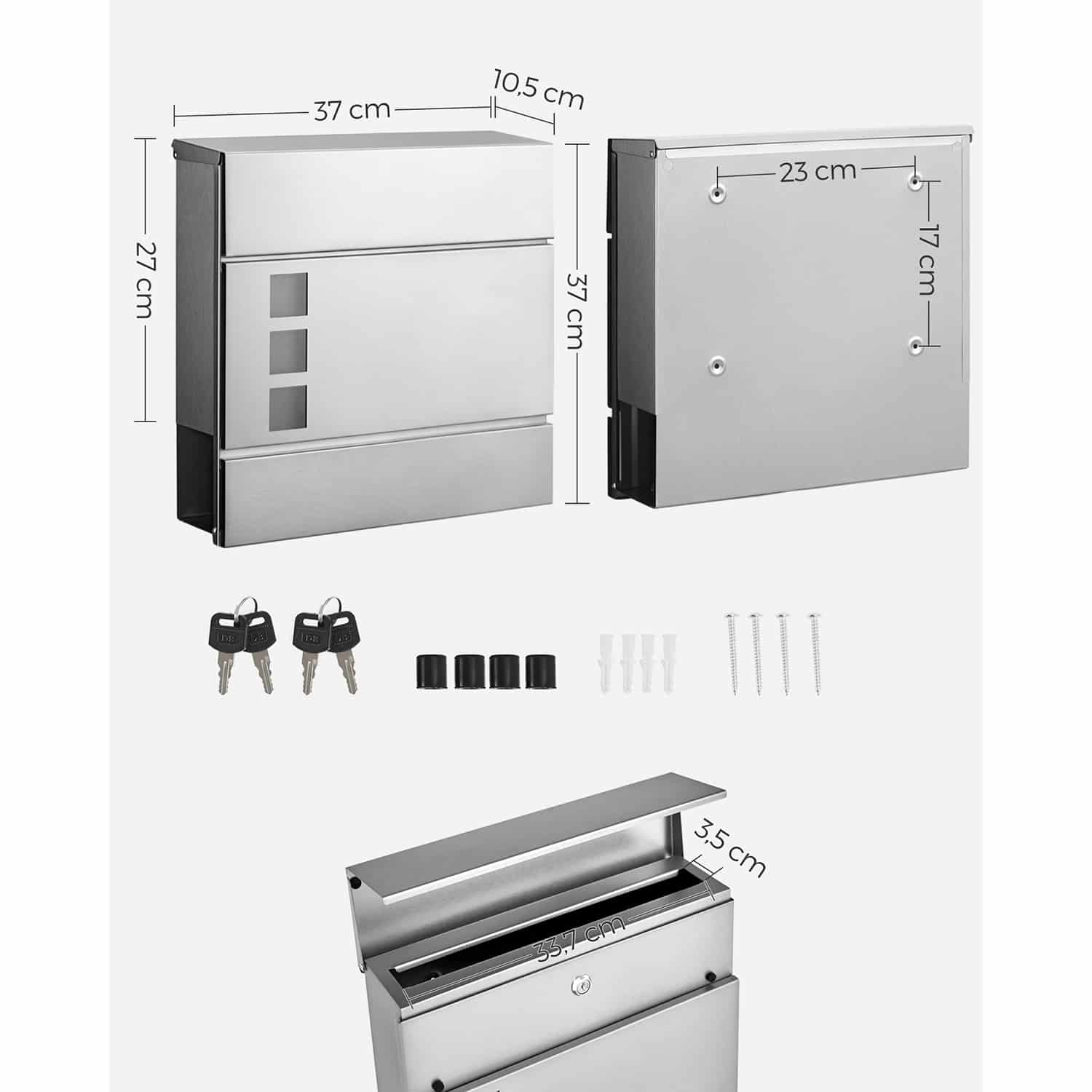 Wandbriefkasten mit Zeitungsfach silbern-GMB052S02