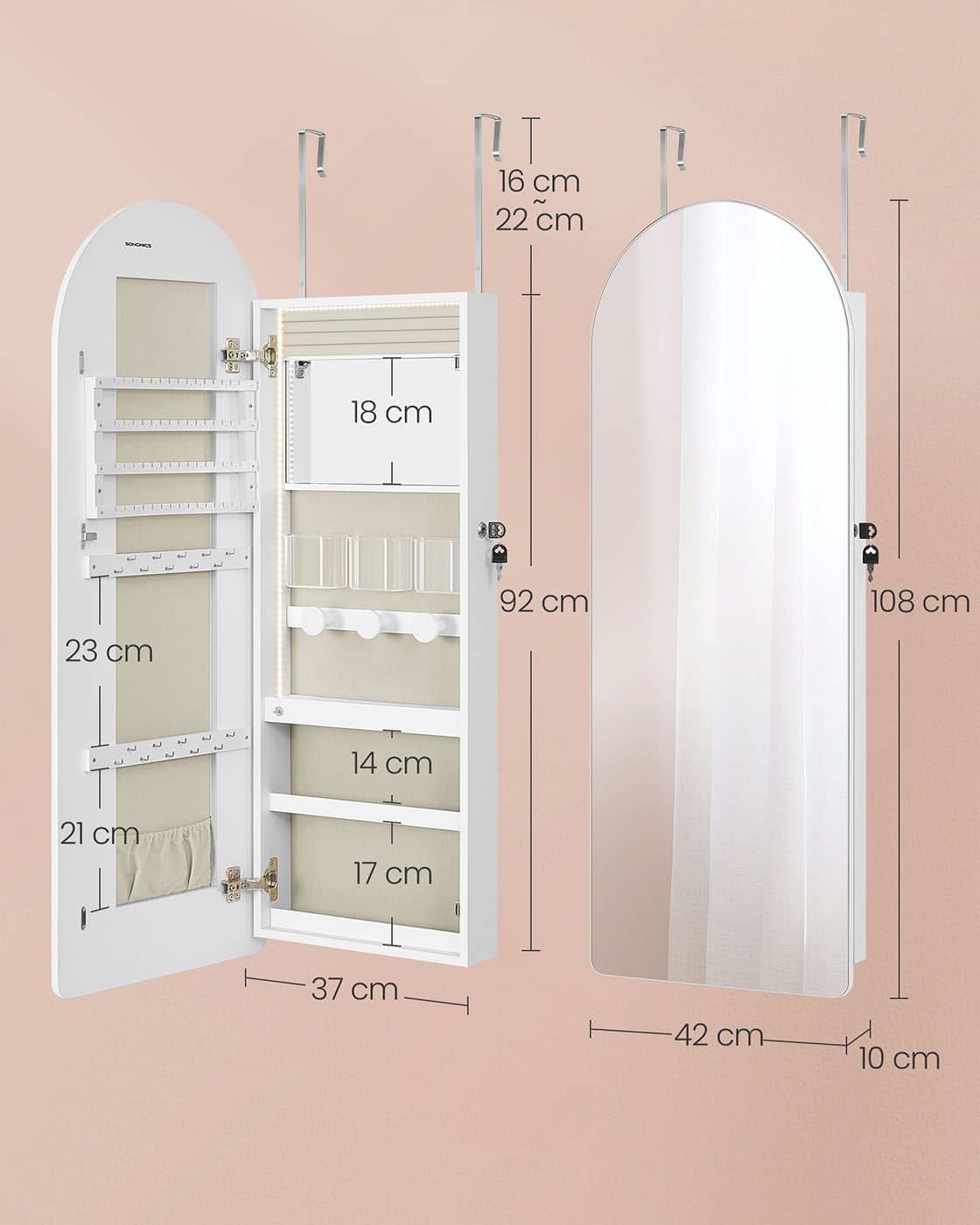 Schmuckschrank mit LED-Beleuchtung und Innenspiegel wolkenweiß Schmuckschrank mit LED-Beleuchtung und Innenspiegel wolkenweiß