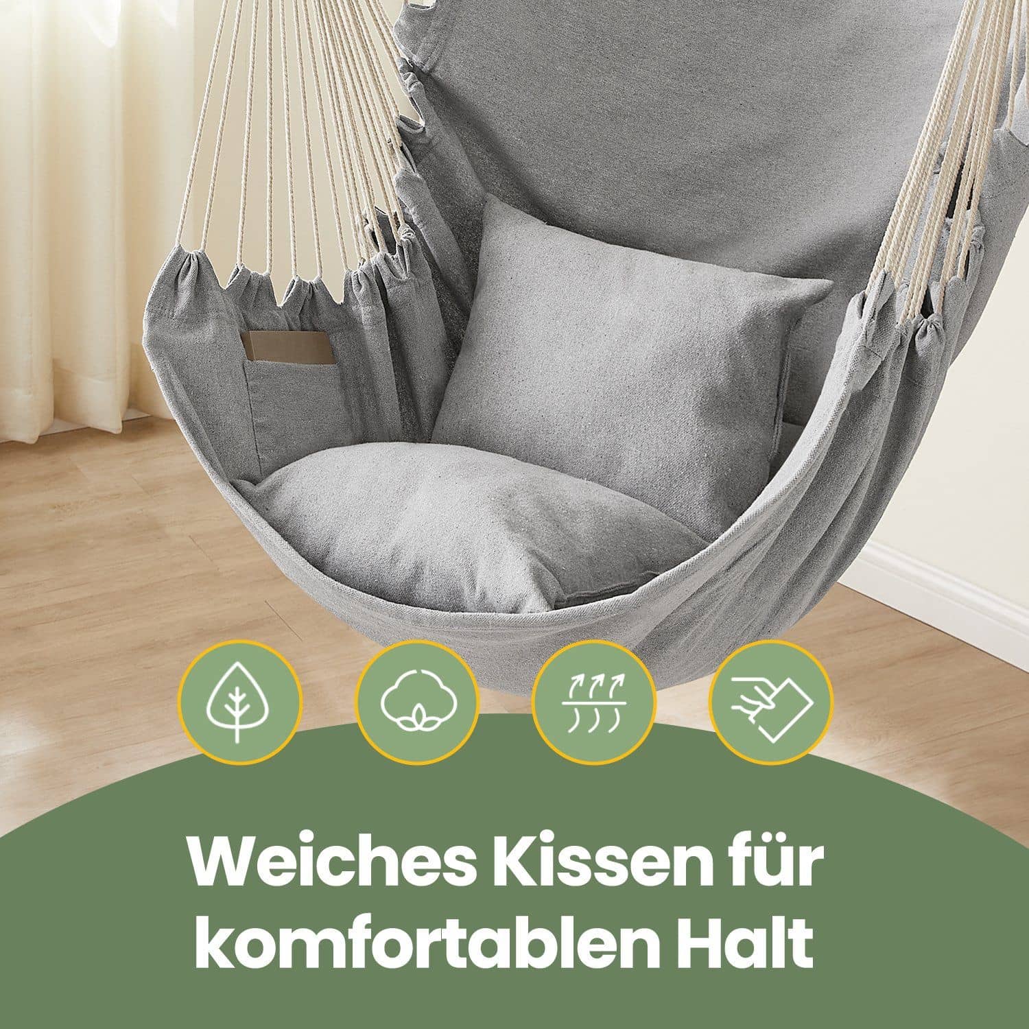 Hängesessel, Hängeschaukel mit 2 Kissen, Hängestuhl, Metallkette Hängesessel, Hängeschaukel mit 2 Kissen, Hängestuhl, Metallkette