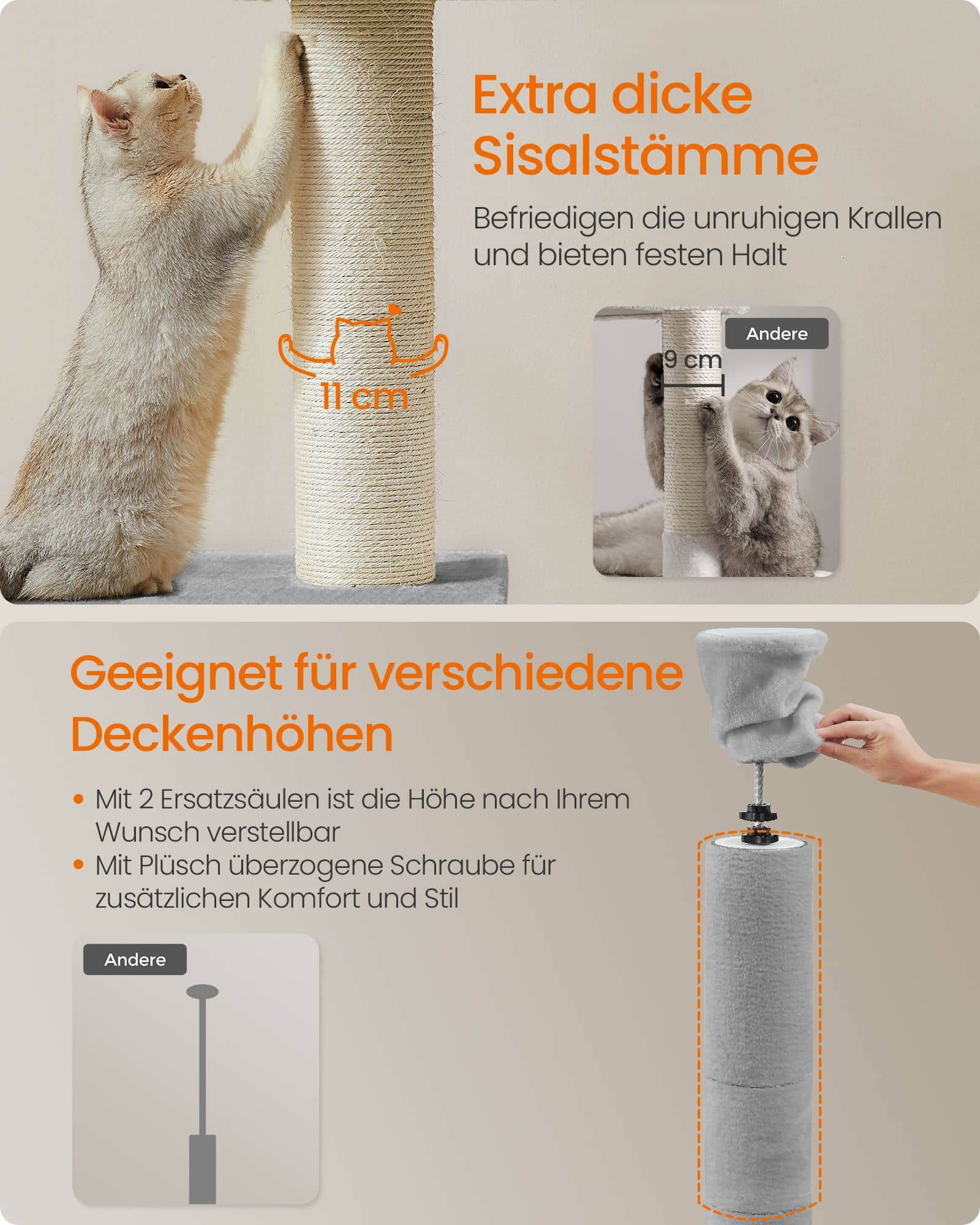 Kratzbaum deckenhoch 231-291 cm höhenverstellbar hellgrau Kratzbaum deckenhoch 231-291 cm höhenverstellbar hellgrau