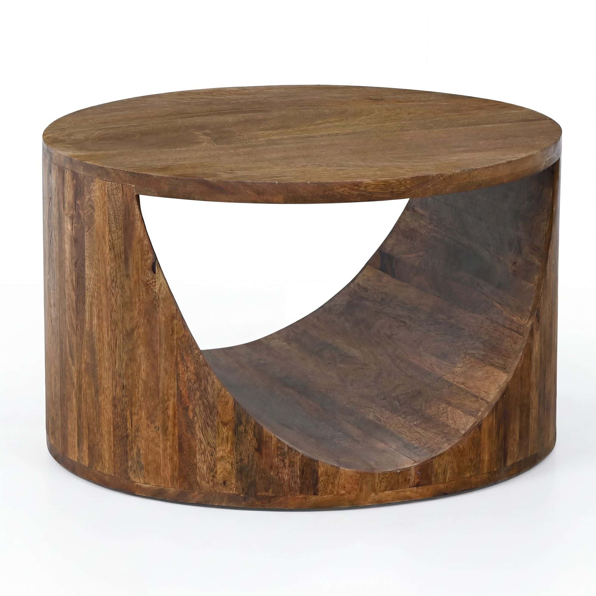 Couchtisch Mango Massivholz Rund 60cm - Design Wohnzimmertisch mit Ablagefach - Ausgefallener Sofatisch Holz - Loungetisch Zylinder - Natur Beistelltisch Handmade