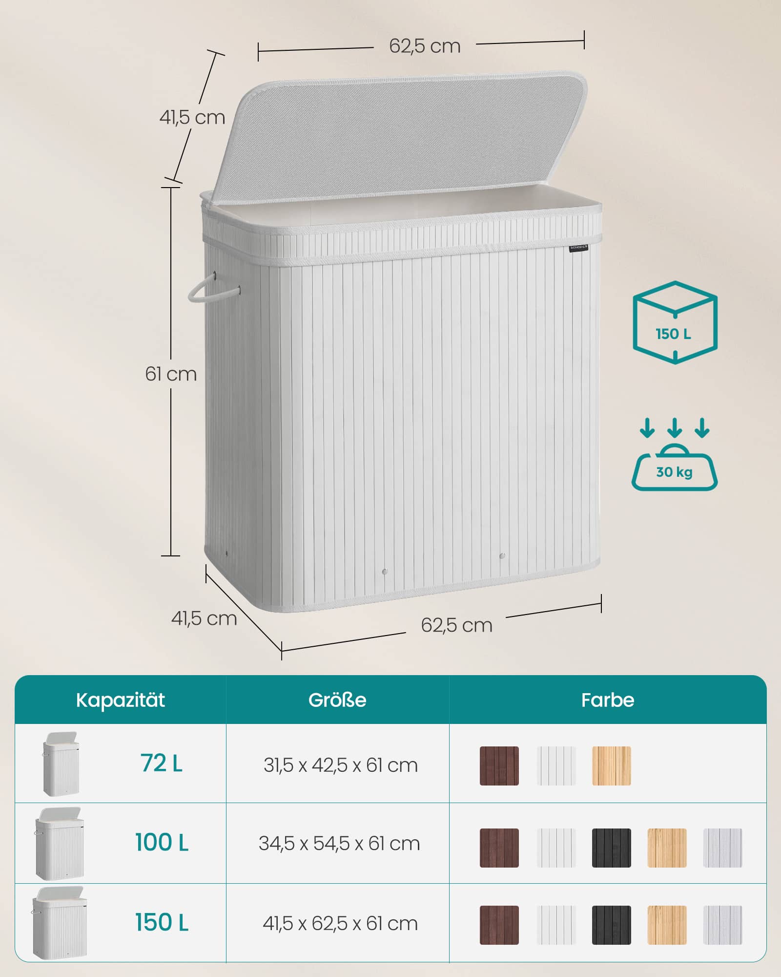 Wäschekorb mit Deckel aus Bambus 150 Liter wolkenweiß Wäschekorb mit Deckel aus Bambus 150 Liter wolkenweiß