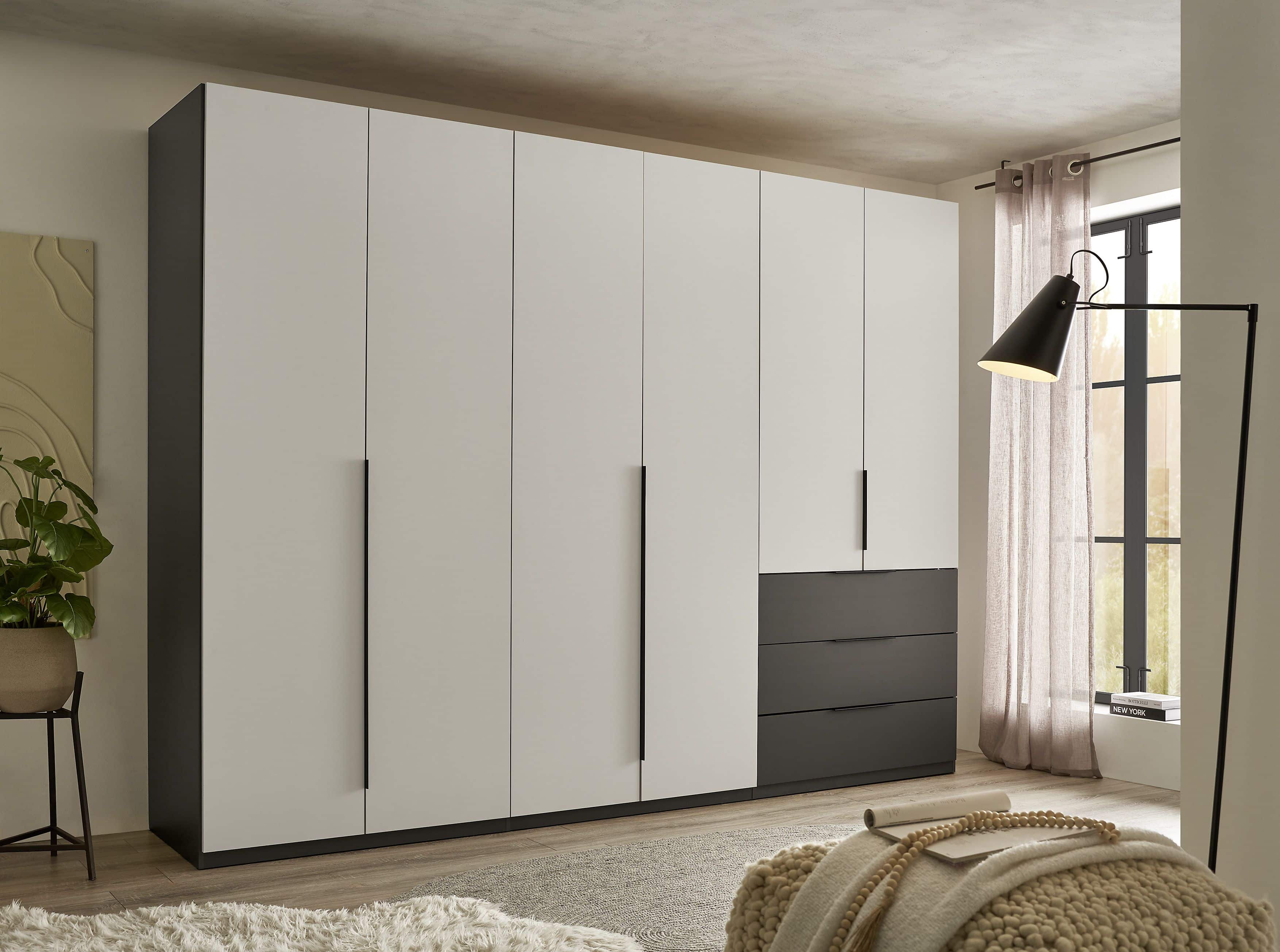 Nuka Kleiderschrank graphitgrau/hellgrau – 300 cm breit, mit Schubladen & Drehtüren, modernes Design Nuka Kleiderschrank graphitgrau/hellgrau – 300 cm breit, mit Schubladen & Drehtüren, modernes Design