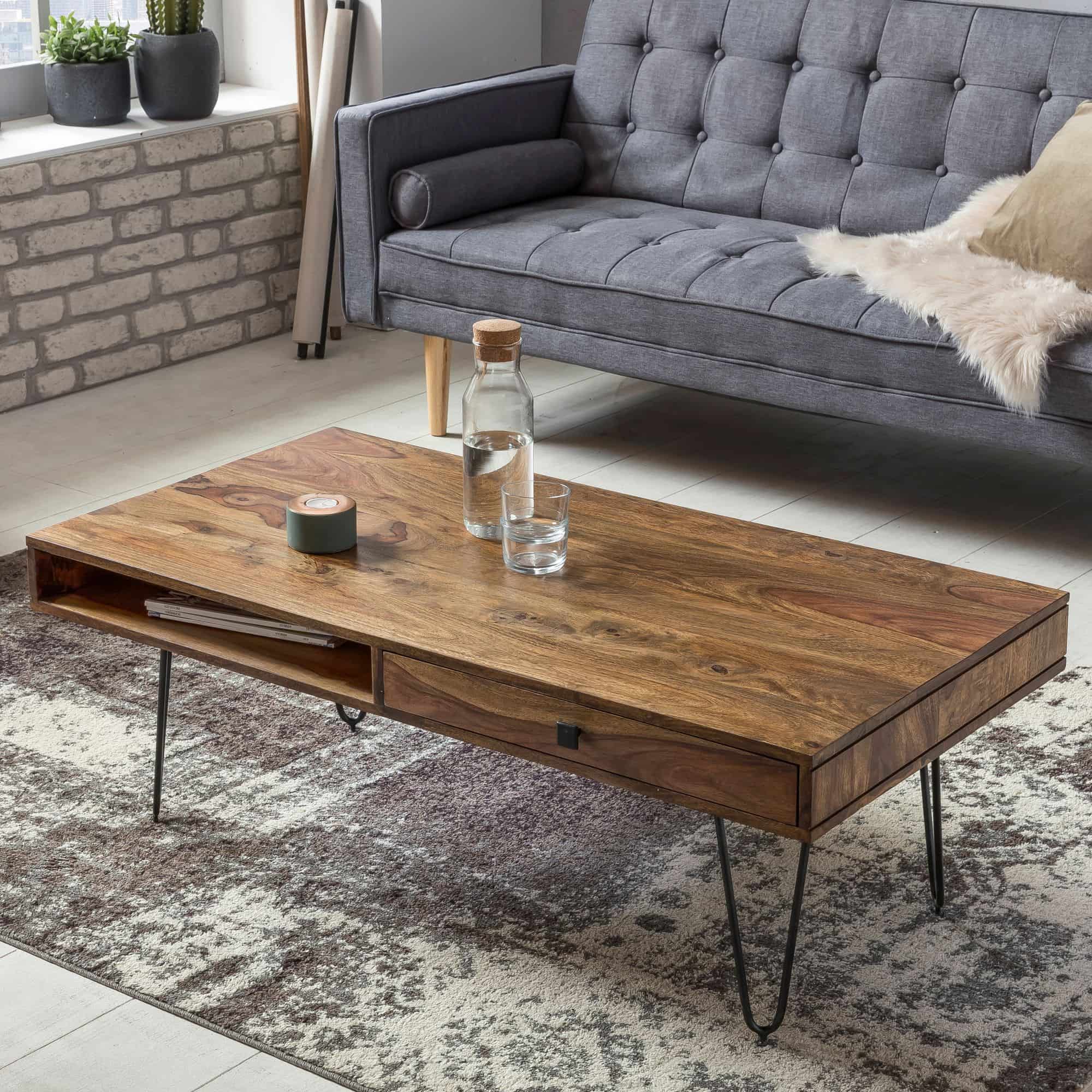 Couchtisch BAGLI Massiv-Holz Sheesham 110 cm breit Wohnzimmer-Tisch Design Metallbeine Landhaus-Stil Beistelltisch Couchtisch BAGLI Massiv-Holz Sheesham 110 cm breit Wohnzimmer-Tisch Design Metallbeine Landhaus-Stil Beistelltisch