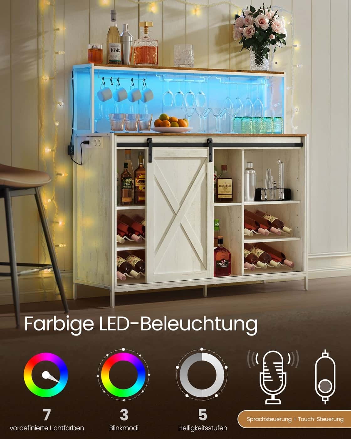 "Barschrank mit LED-Beleuchtung Steckdosenleiste Schiebetüren vintageweiß-honigbraun " "Barschrank mit LED-Beleuchtung Steckdosenleiste Schiebetüren vintageweiß-honigbraun "
