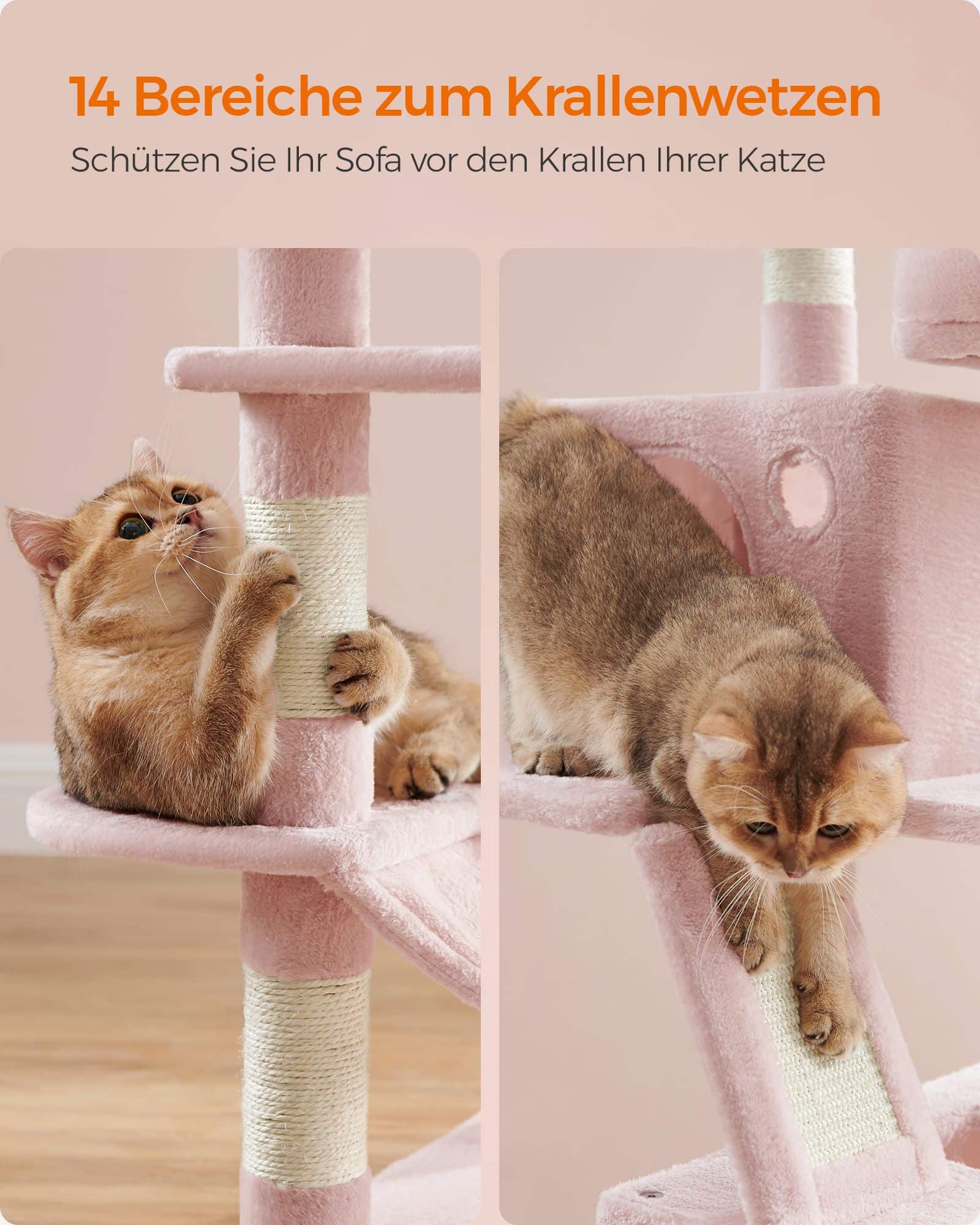 Kratzbaum groß mit 13 Kratzsäulen mehrstöckig pastellrosa-B34PCT165P01 Kratzbaum groß mit 13 Kratzsäulen mehrstöckig pastellrosa-B34PCT165P01
