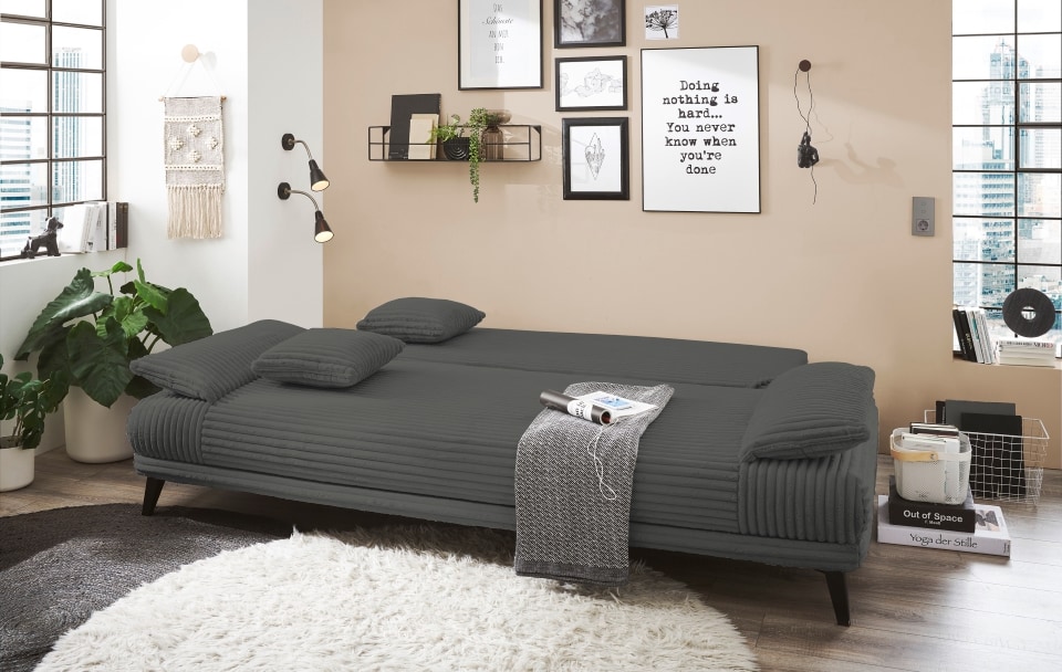 Carla_Ambience_offen_19 Modernes Schlafen: Das Anthrazit-farbene Ed Schlafsofa Carla mit Ambience Cord Bezug, Schlaffunktion & Bettkasten