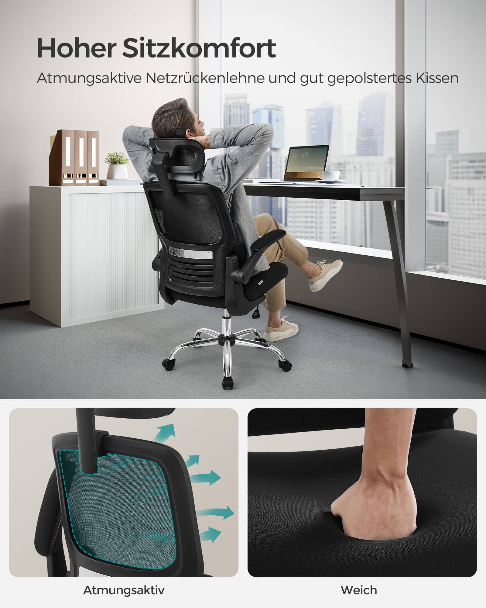 Bürostuhl mit Lendenwirbelstütze und verstellbarer Kopfstütze tintenschwarz Bürostuhl mit Lendenwirbelstütze und verstellbarer Kopfstütze tintenschwarz