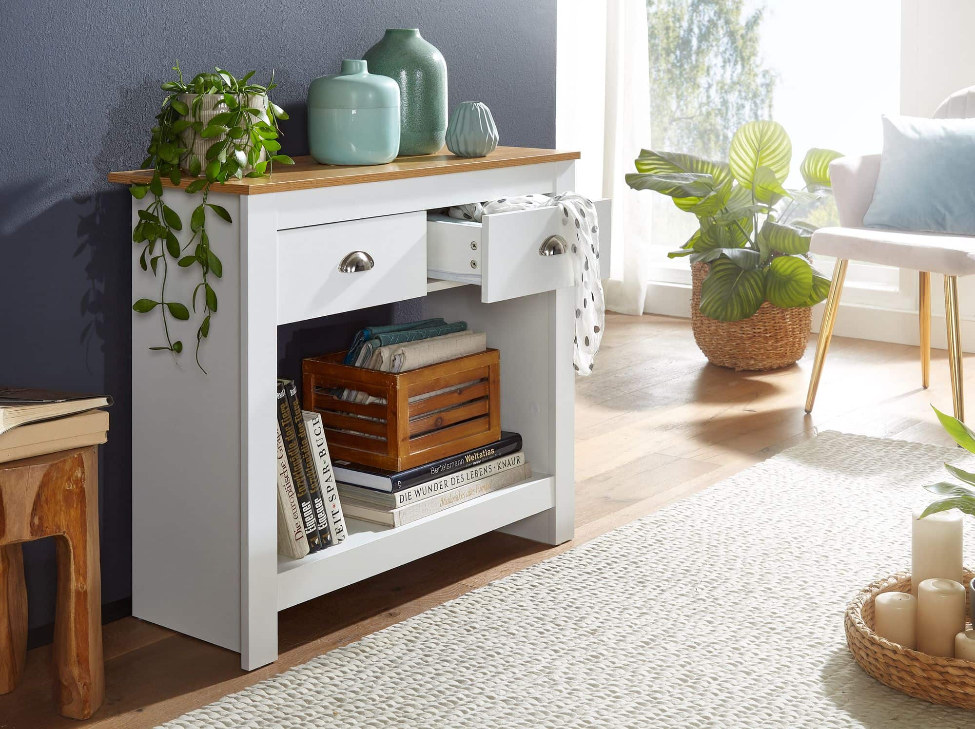 Konsolentisch 85x35x76 cm Weiß / Eiche Design Anrichte Modern Schmal Konsolentisch 85x35x76 cm Weiß / Eiche Design Anrichte Modern Schmal