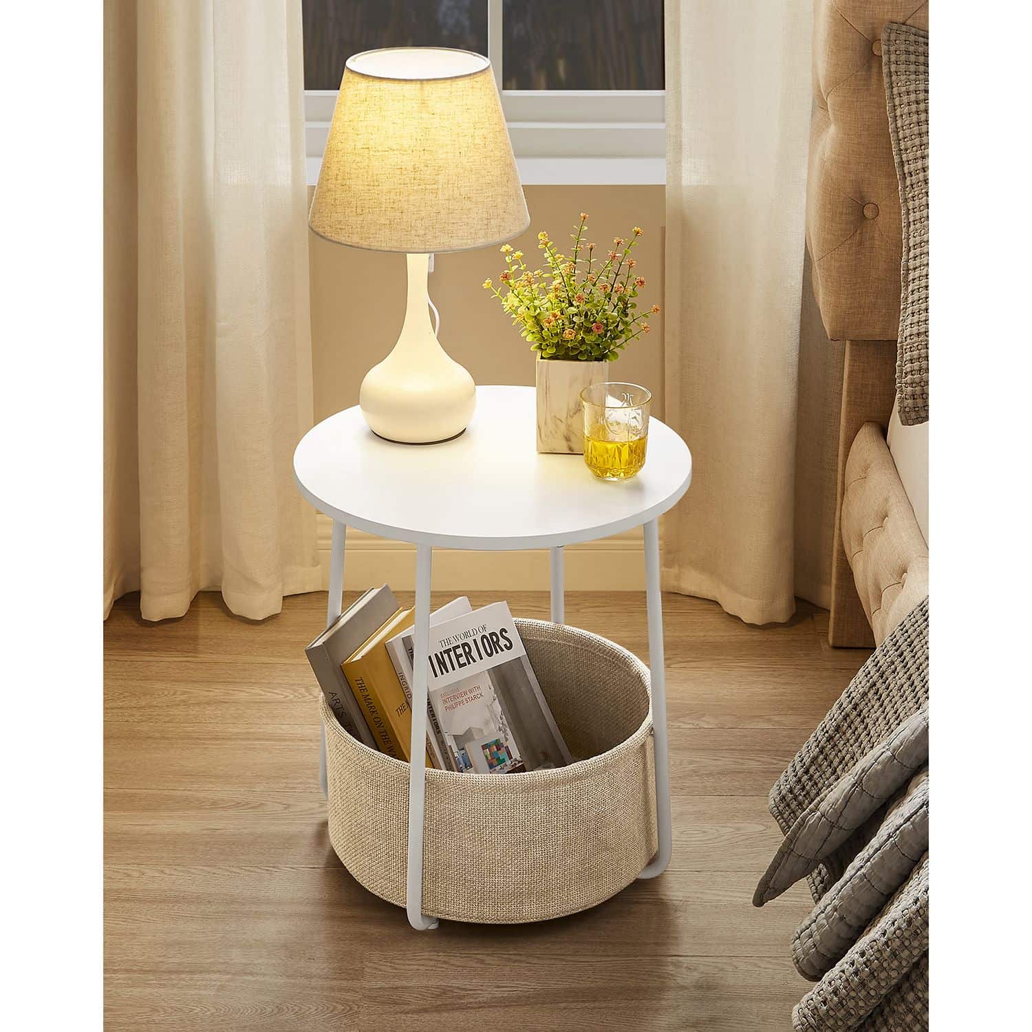 Runder Beistelltisch mit Korb aus Stoff-LET223W10 Runder Beistelltisch mit Korb aus Stoff-LET223W10