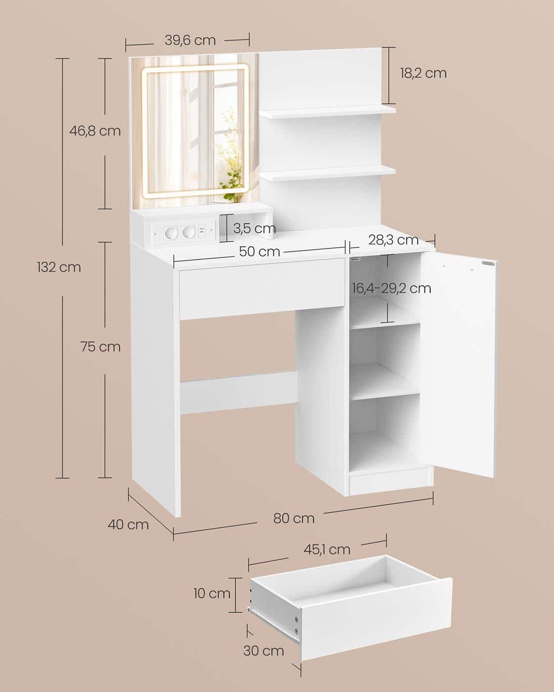 Kailyn Kollektion - Schminktisch mit LED-Spiegel Schublade und offenen Ablagen Kailyn Kollektion - Schminktisch mit LED-Spiegel Schublade und offenen Ablagen