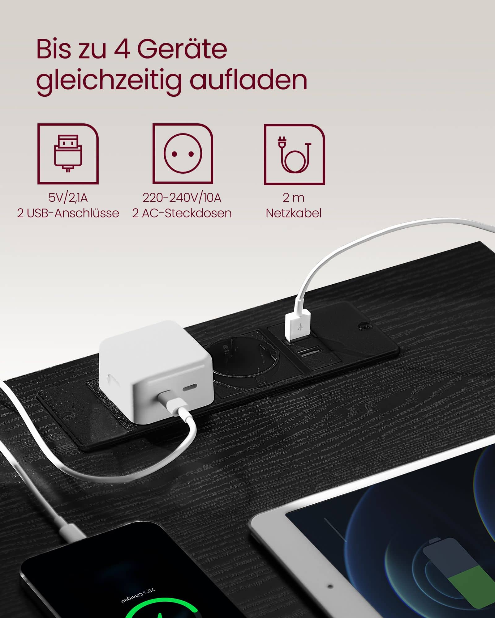 Nachttisch 2er Set 2 USB-Anschlüsse modern ebenholzschwarz