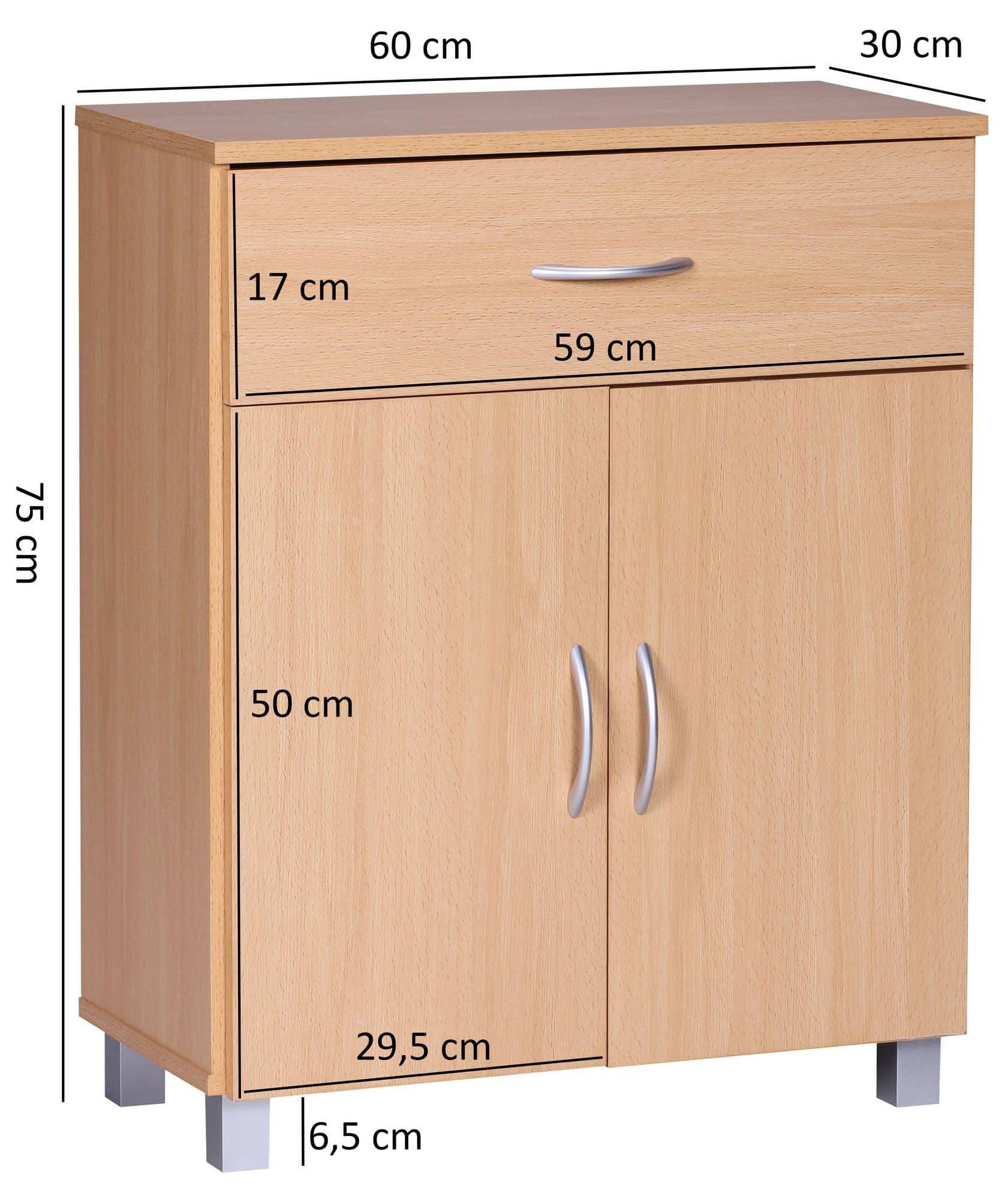 35977-WOHNLING-Sideboard-Buche-WL1-335-60x75x30cm-Kommode-mit-Schublade-und-Tueren-Kleine-Moderne-Anrichte-Braun-Design-Holz-Schrank-Allzweckschrank-mit-Griffen-Kleiner-Flurschran Sideboard Buche WL1.335 60x75x30cm Kommode mit Schublade und Türen