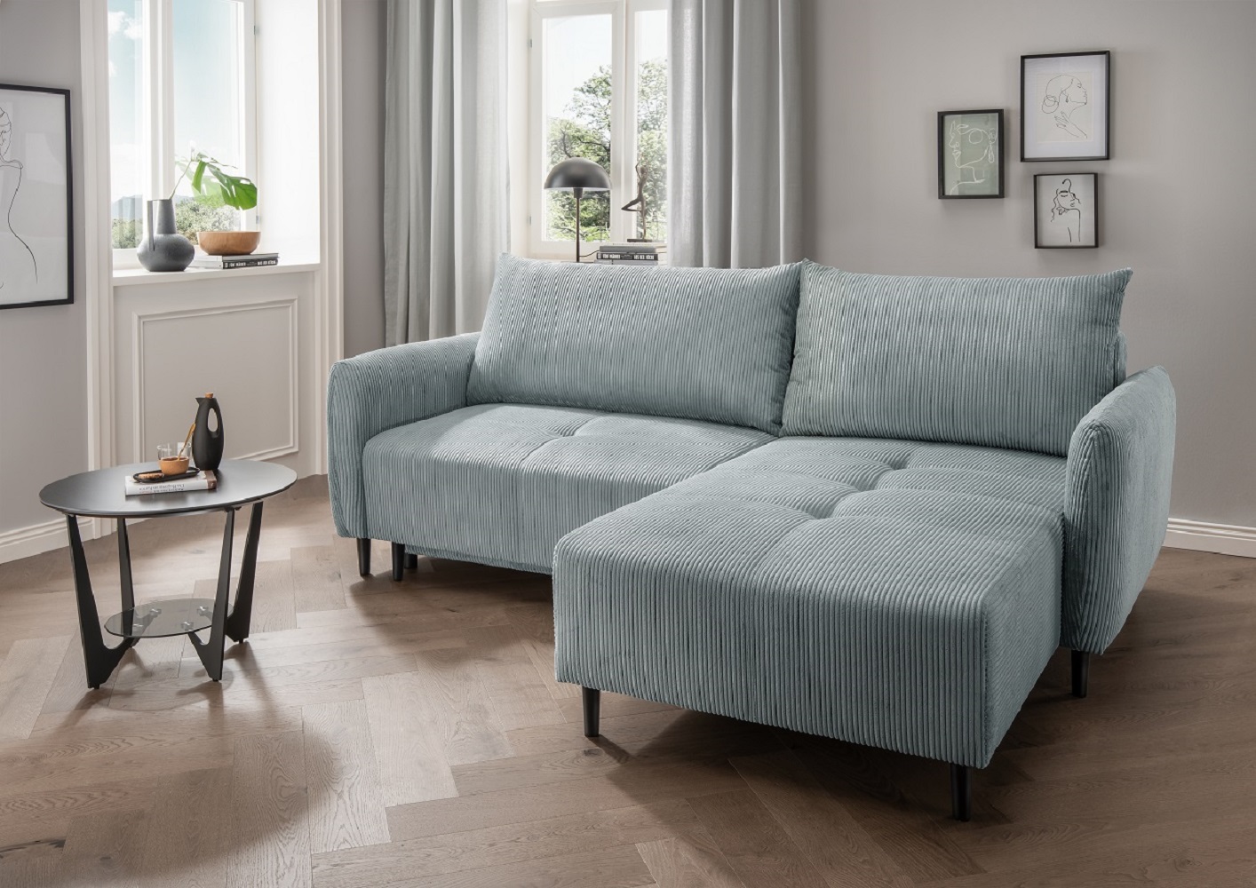 Ecksofa Mara in Cord - Schlaffunktion und Bettkasten – Benformato Ecksofa Mara in Cord - Schlaffunktion und Bettkasten – Benformato