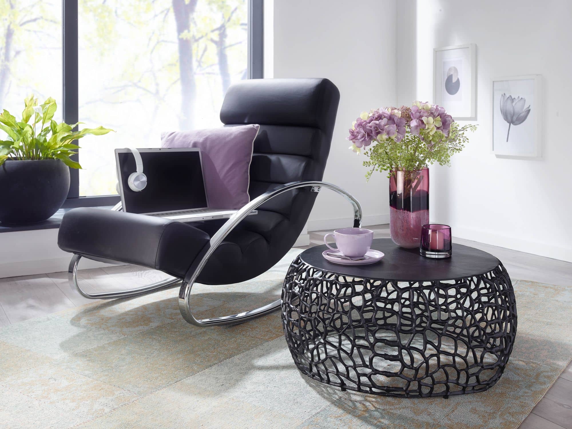 Couchtisch Metall Schwarz 66x66x30 cm Sofatisch Aluminium Rund