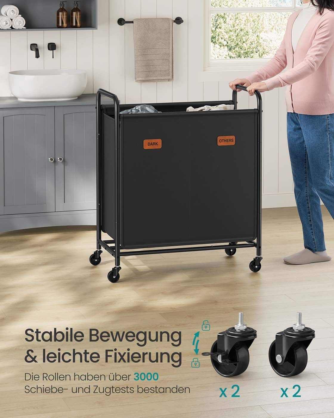 Wäschekorb 140 L mit Rollenund 2 Fächern tintenschwarz