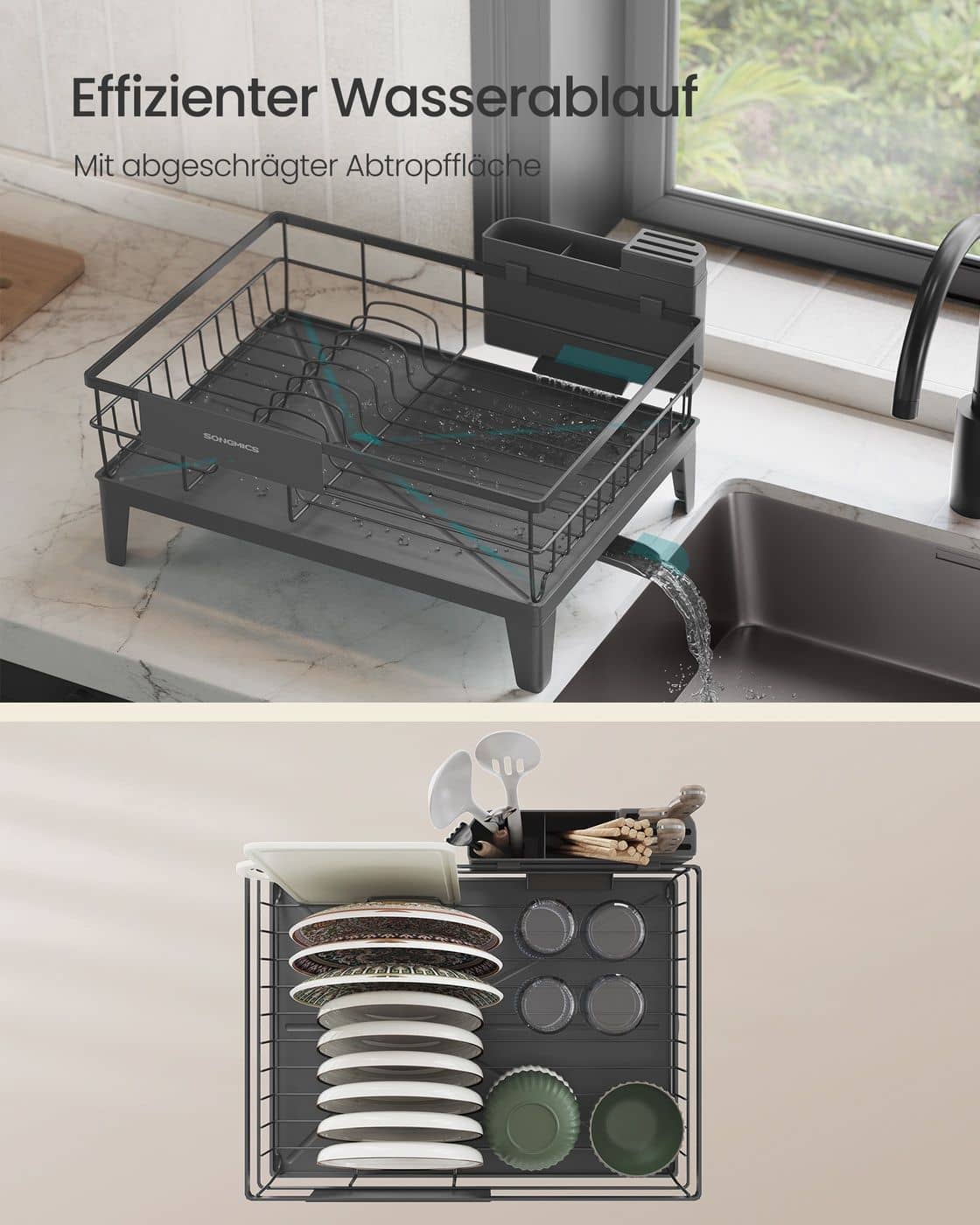 Drehbares Abtropfgestell mit Abtropfschale und Besteckablage anthrazitgrau Drehbares Abtropfgestell mit Abtropfschale und Besteckablage anthrazitgrau