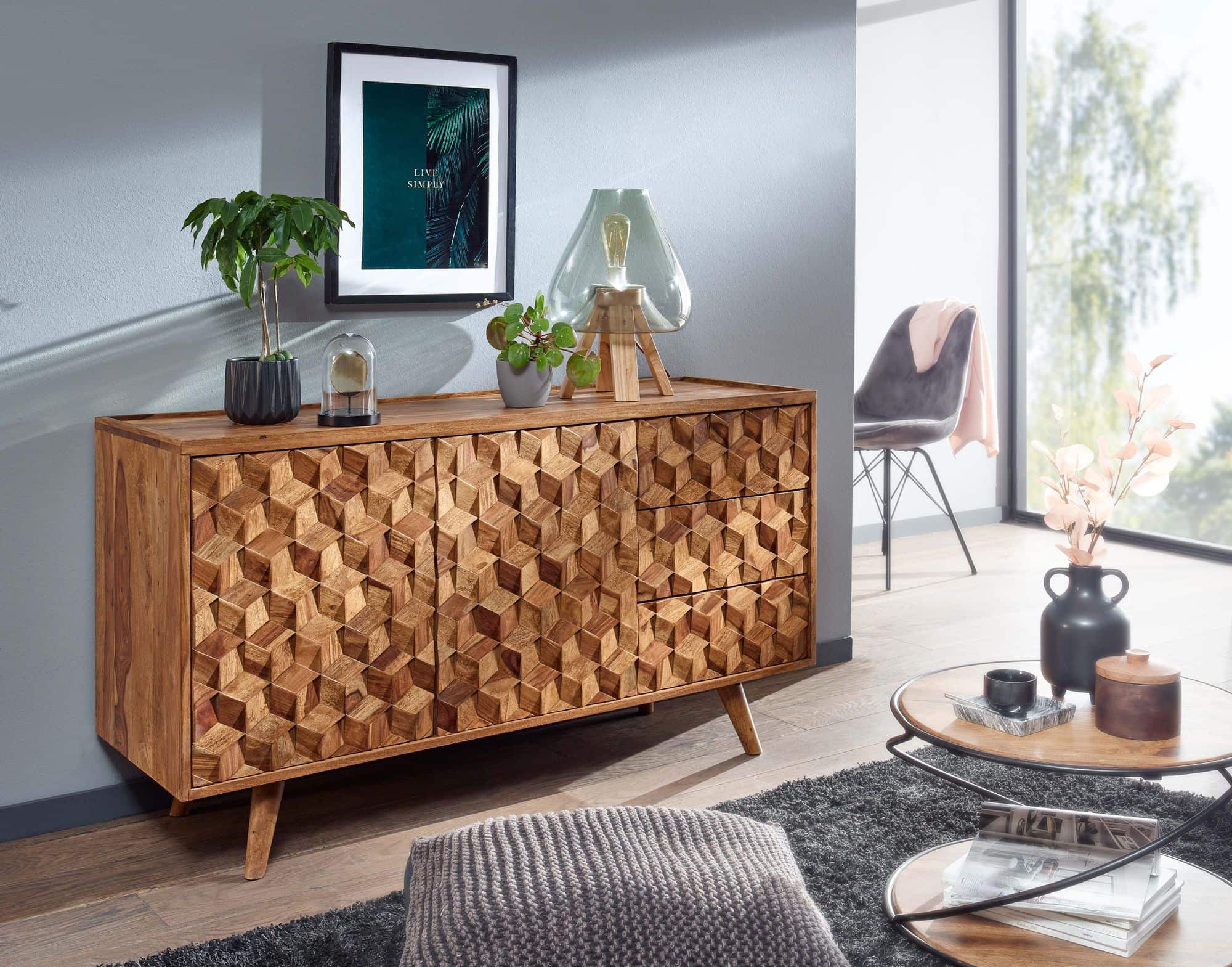 Sideboard 138x76x45 cm Sheesham Massivholz Anrichte mit Türen & Schubladen Sideboard 138x76x45 cm Sheesham Massivholz Anrichte mit Türen & Schubladen
