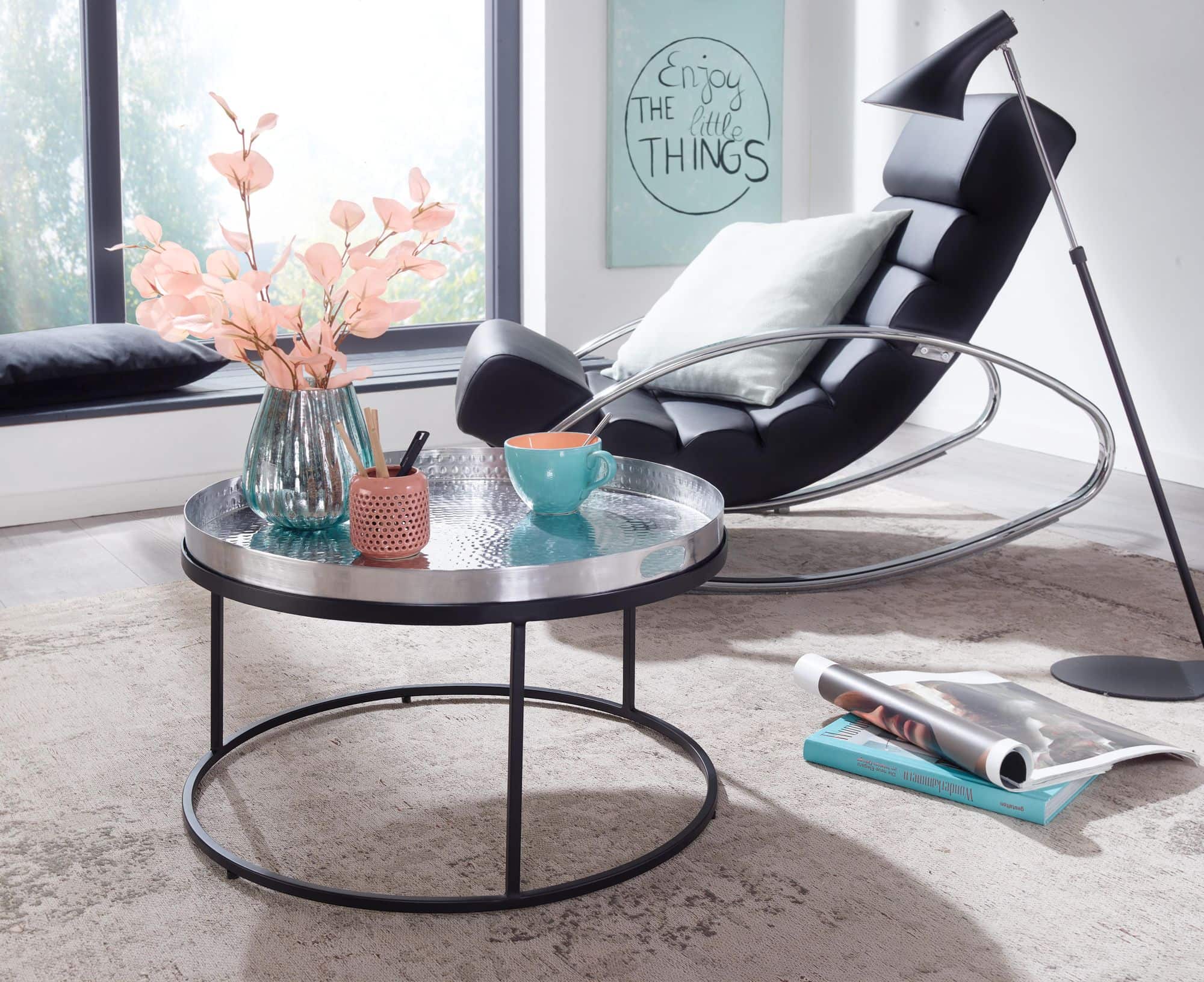 74530-Wohnling-Couchtisch-silber-schwarz-60x60x35-cm-WL6-692-1 Couchtisch Hammerschlag Metall 62x62x36 cm Sofatisch Aluminium Silber Schwarz