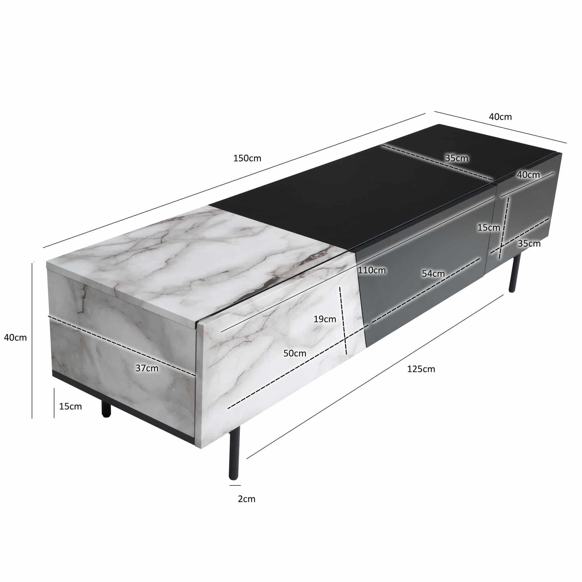 Lowboard Schwarz mit Marmor-Dekor in Weiß 150x40x40 cm TV-Kommode Modern Lowboard Schwarz mit Marmor-Dekor in Weiß 150x40x40 cm TV-Kommode Modern