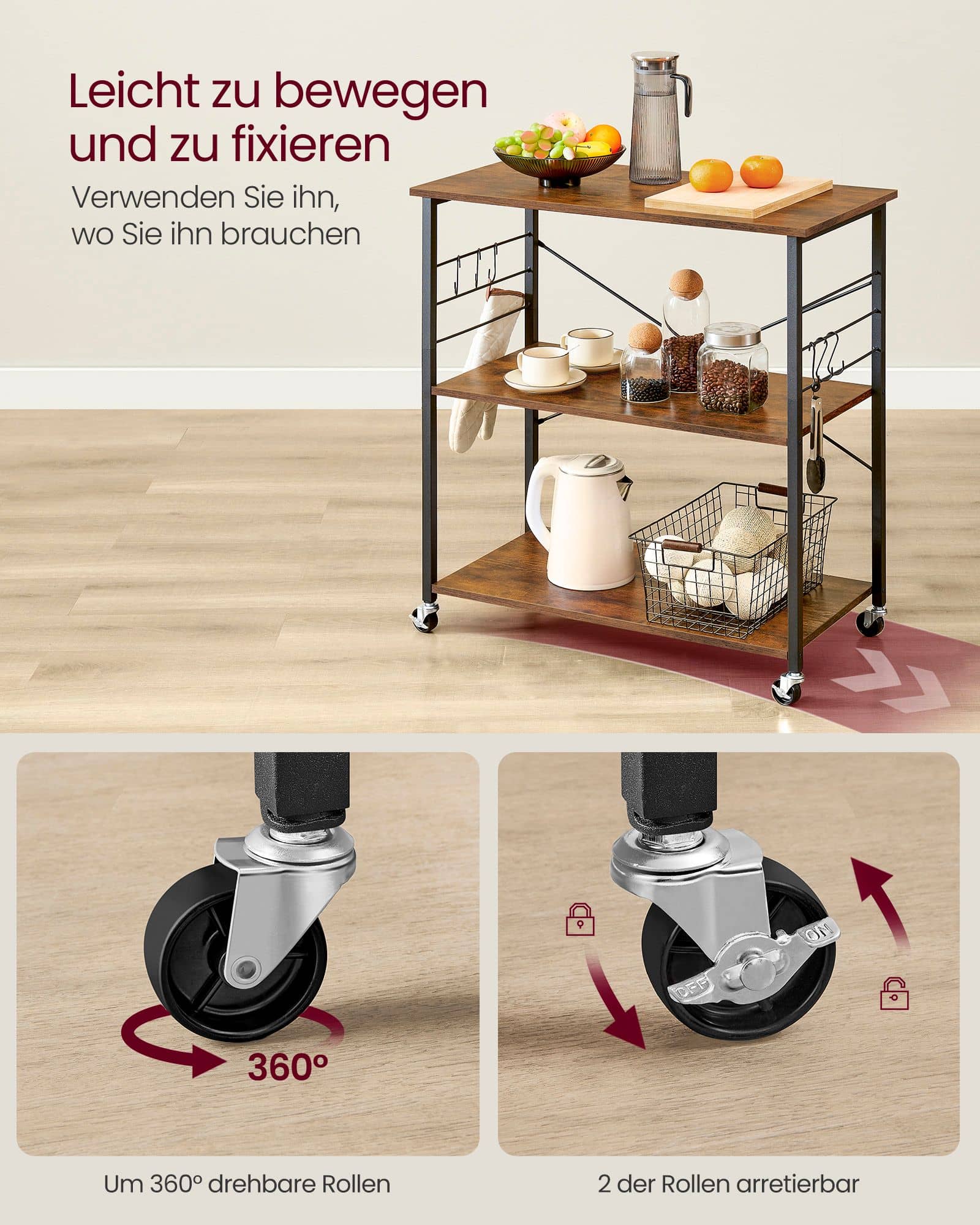 VASAGLE Küchenregal 3 Ebenen mit Rollen Vintagebraun