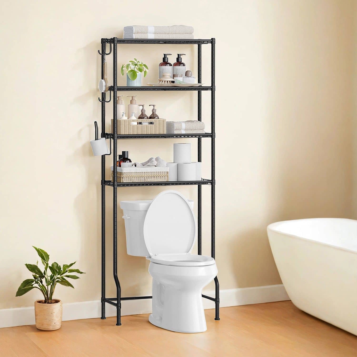 4-stöckiges Toilettenregal mit Haken platzsparend schwarz 4-stöckiges Toilettenregal mit Haken platzsparend schwarz