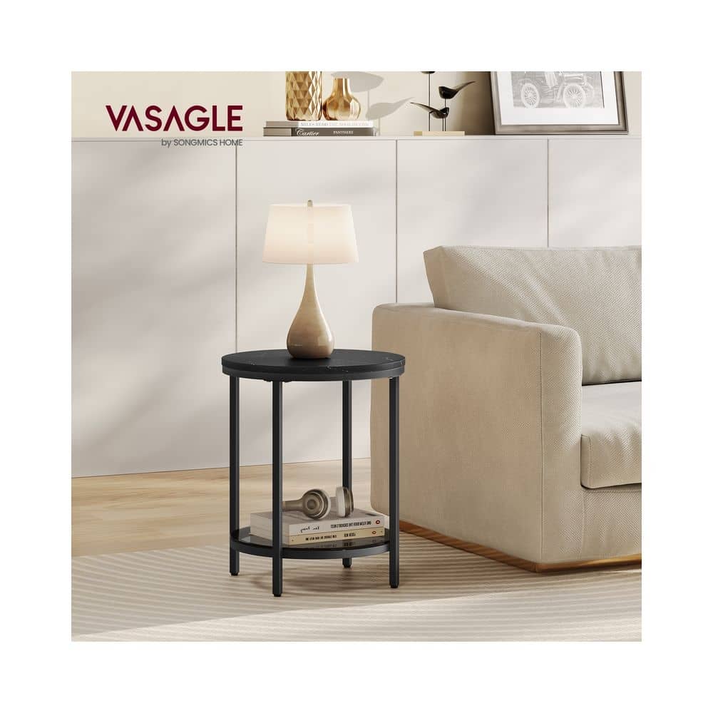 Beistelltisch 2 Ebenen in weißer Marmoroptik mit schwarzem Gestell Marmorschwarz-Tintenschwarz Beistelltisch 2 Ebenen in weißer Marmoroptik mit schwarzem Gestell Marmorschwarz-Tintenschwarz