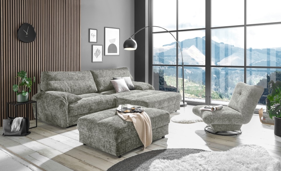 Sofa Princeton von Ed Exciting Design – Beidseitig montierbar, mit Nosagfederung mit Hocker Farbe Grau