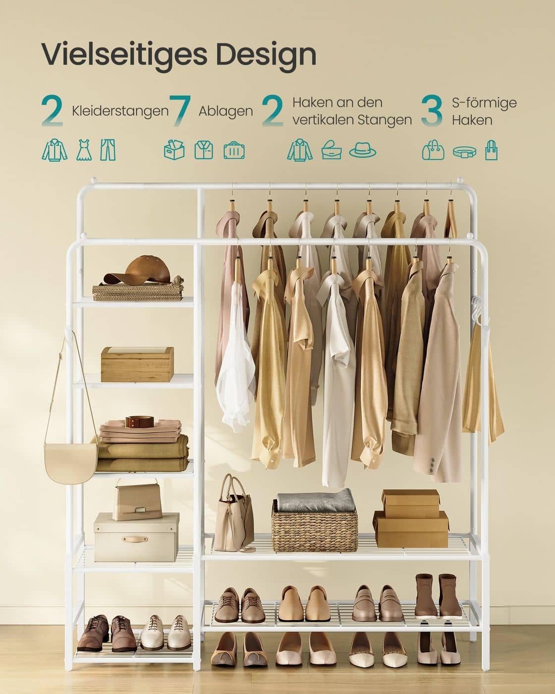 Kleiderständer mit 7 Ablagen für Schlafzimmer weiß