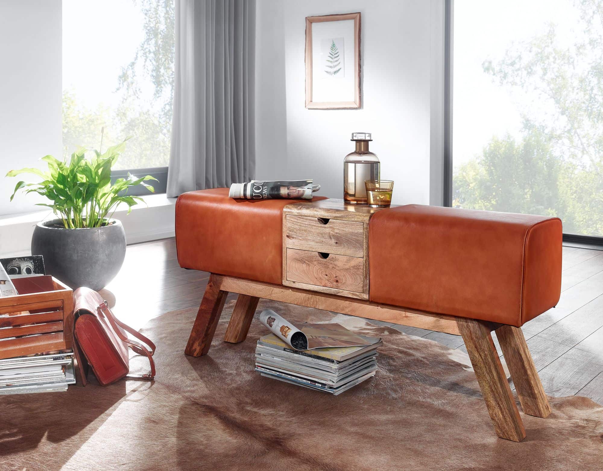 Design Turnbock Sitzbank Braun mit Schubladen 120x56x30 cm Design Turnbock Sitzbank Braun mit Schubladen 120x56x30 cm