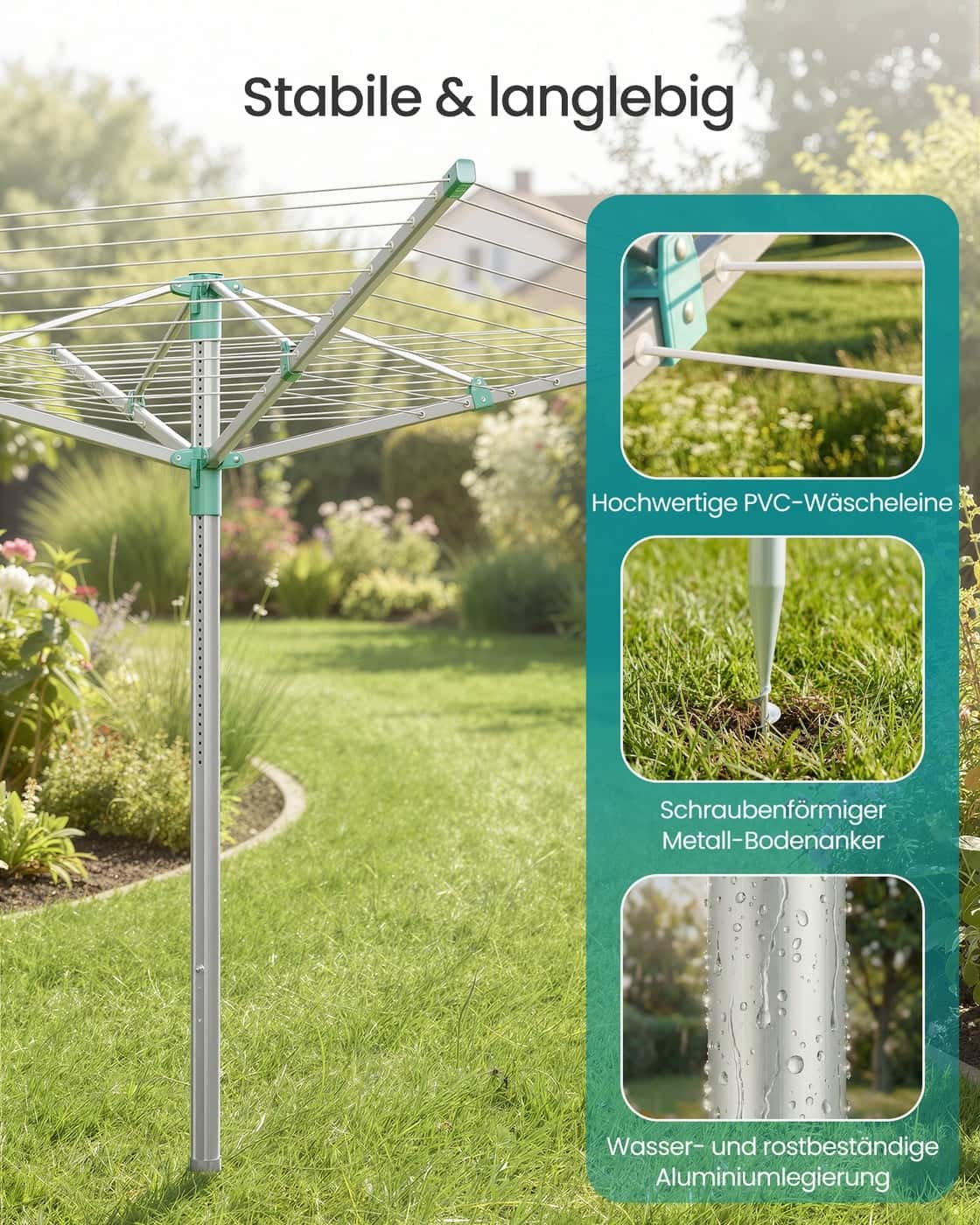 Wäscheständer höhenverstellbar mit Bodenanker für 4 Waschladungen Silbern-grün Wäscheständer höhenverstellbar mit Bodenanker für 4 Waschladungen Silbern-grün