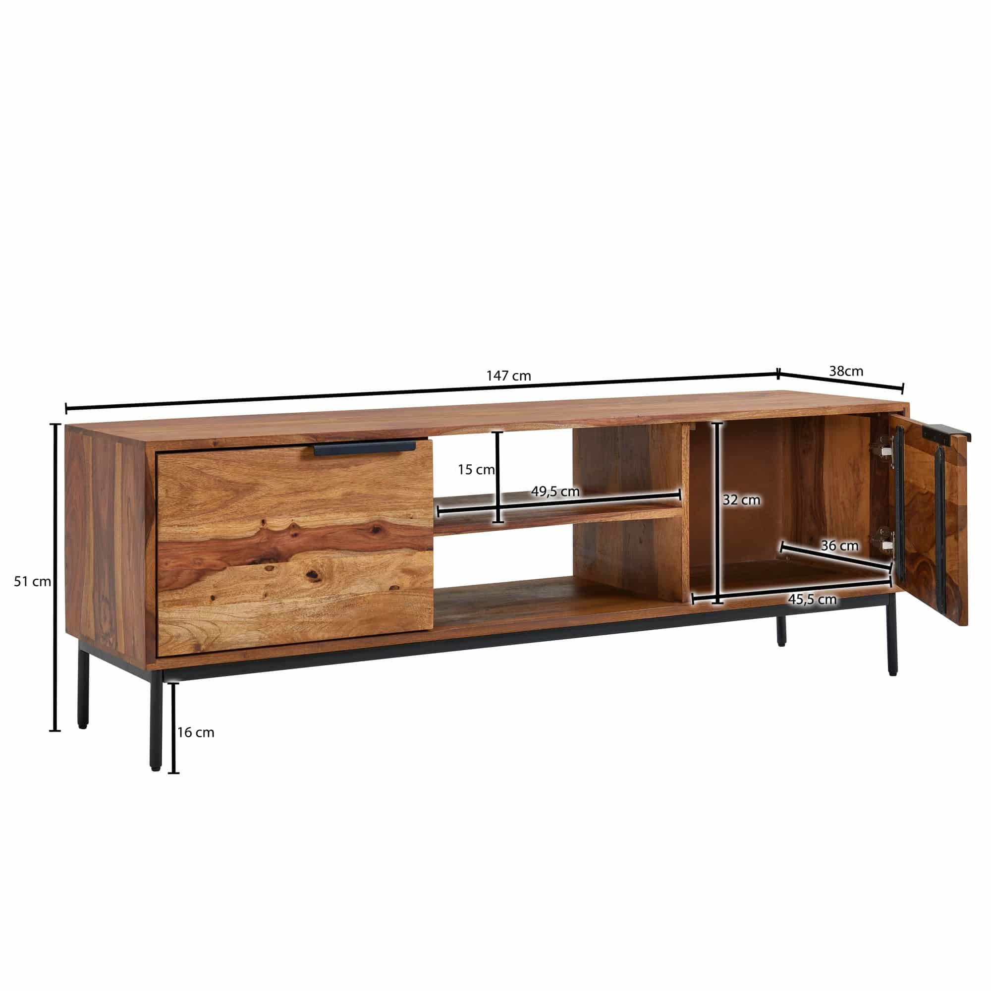 64614-Wohnling-TV-Board-147x50x38-cm-Sheesham-WL6-552-WL6-552 Lowboard Sheesham Massivholz 147x51x38 cm TV-Kommode mit zwei Türen