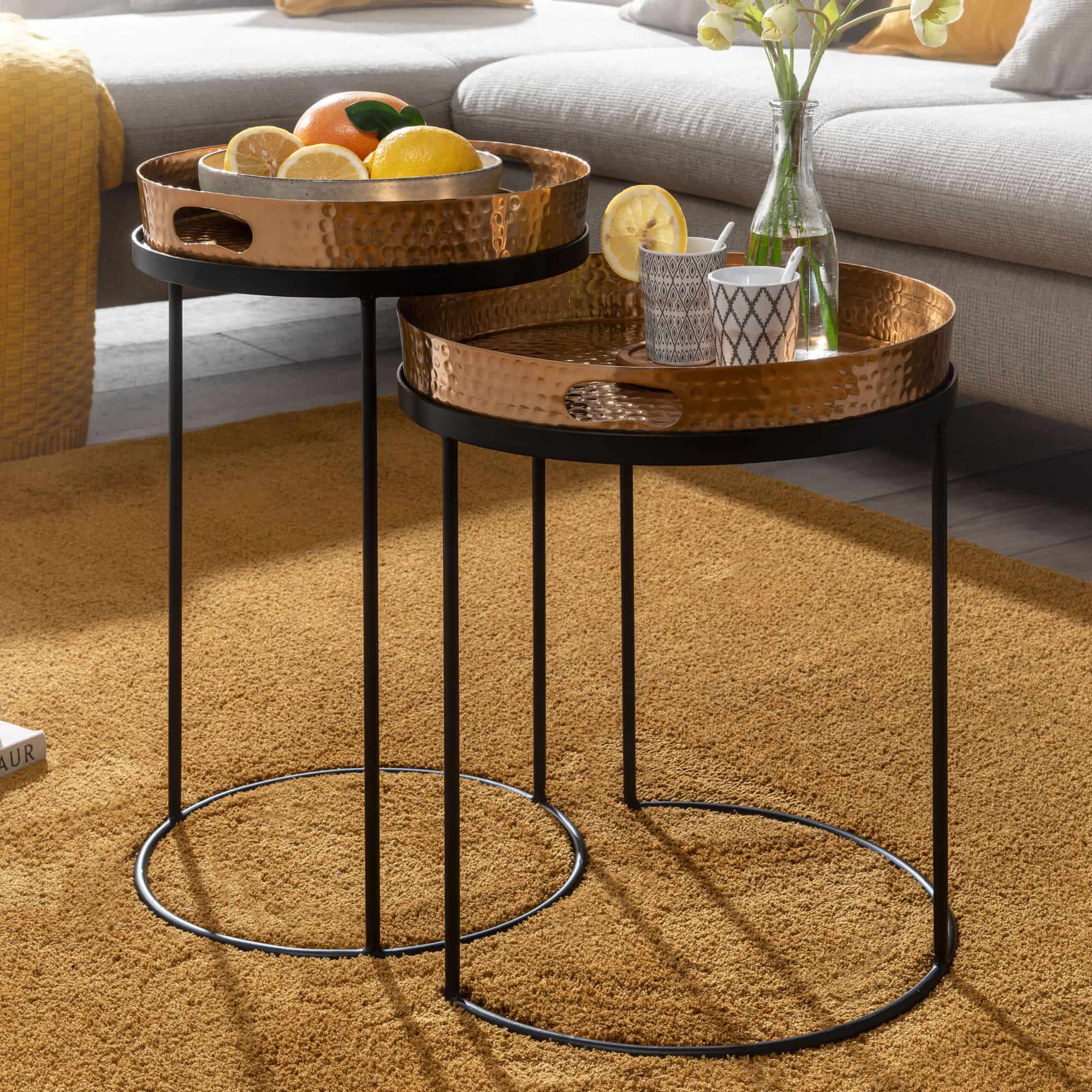 63452-WOHNLING-Couchtisch-2er-Set-Gold-schwarz-WL6-459-WL6-459_34SHRJ9QjLpFiP Beistelltisch 2er Set Gold / Schwarz Metall Hammerschlag Satztisch Rund