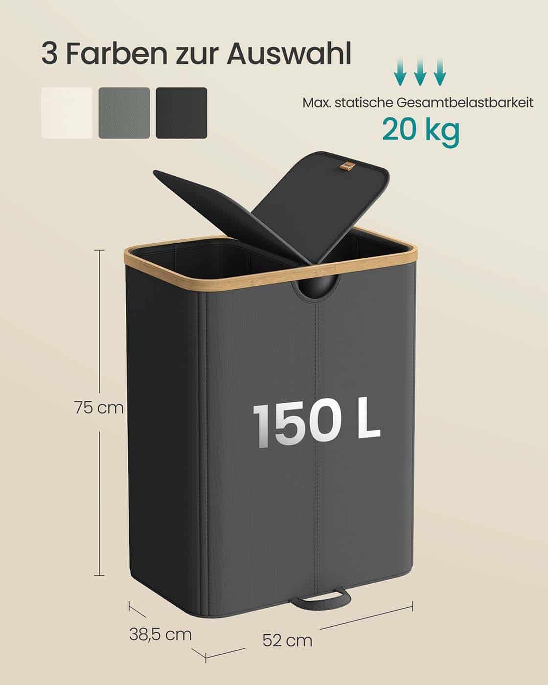 Wäschekorb mit zwei Fächern und Deckel Tintenschwarz und Naturbeige