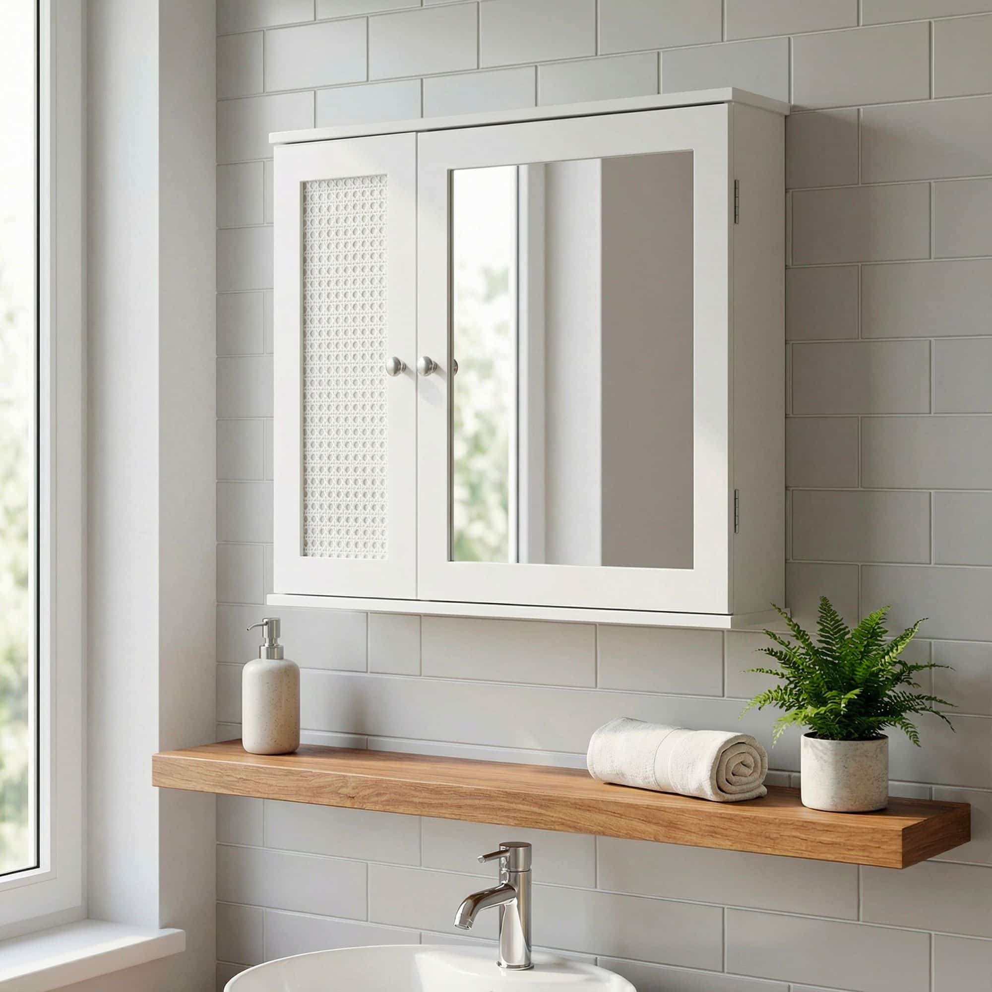 Spiegelschrank Weiß 60cm - Wand Badschrank mit 1 Spiegeltür - Hängeschrank Bad Wandschrank im Rattan Aufbewahrungsschrank mit Tür Design Badezimmerspiegel Spiegelschrank Weiß 60cm - Wand Badschrank mit 1 Spiegeltür - Hängeschrank Bad Wandschrank im Rattan Aufbewahrungsschrank mit Tür Design Badezimmerspiegel