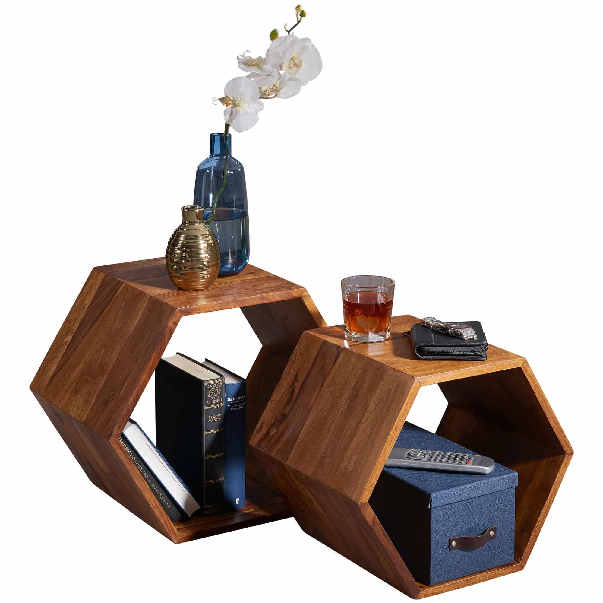 47412-WOHNLING-Beistelltisch-40x30x40-cm-Sheesham-W Beistelltisch 2er Set Sheesham Massivholz Design Wohnzimmertisch