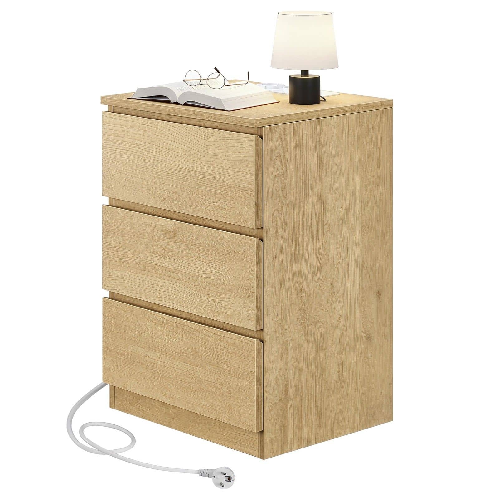 Beistelltisch Set mit Steckdosenleiste, Nachttisch, 3 Schubladen