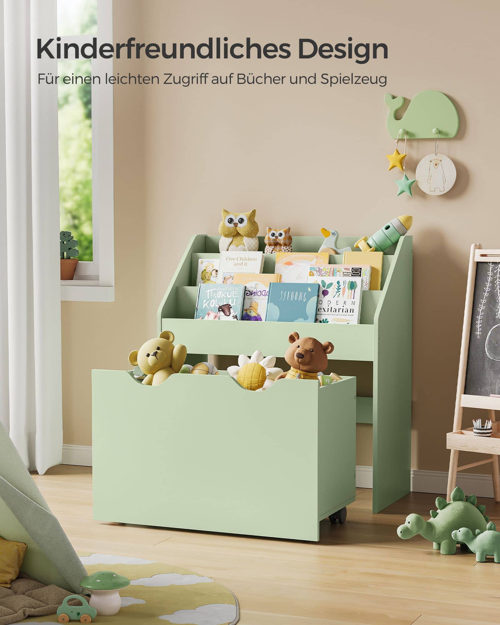 Bücherregal mit 3 Regalebenen und auf Rollen Bücherregal mit 3 Regalebenen und auf Rollen