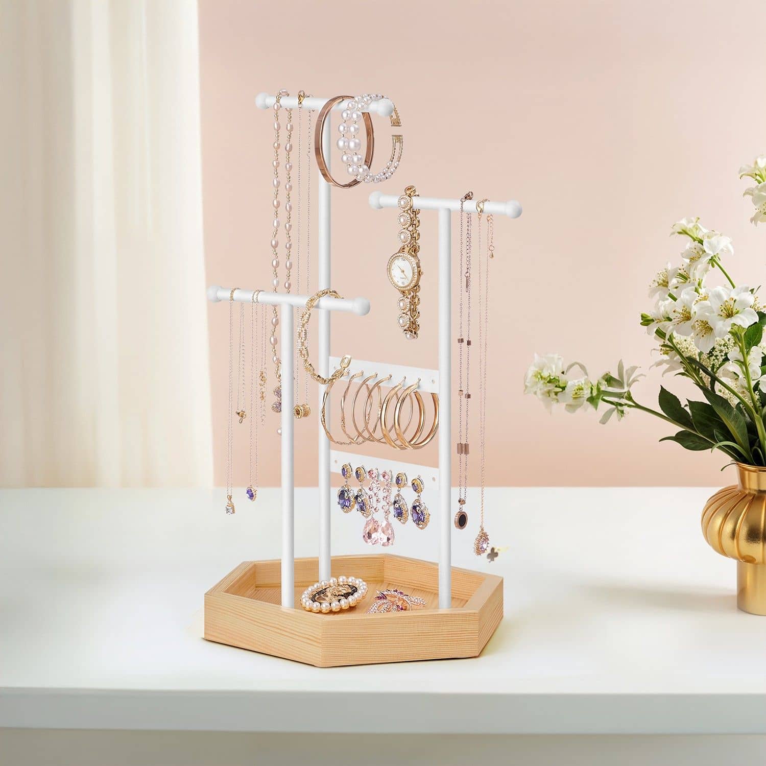 Schmuckhalter aus Metall und Holz Weiß