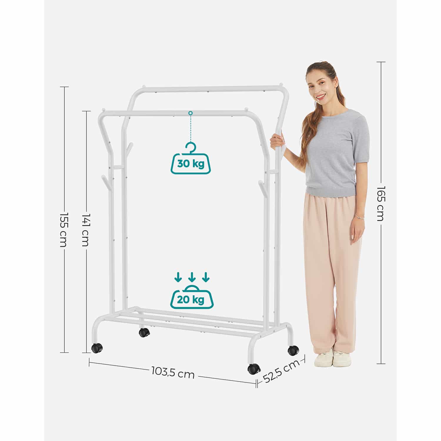 Kleiderständer auf Rollen mit 2 Kleiderstangen weiß Kleiderständer auf Rollen mit 2 Kleiderstangen weiß