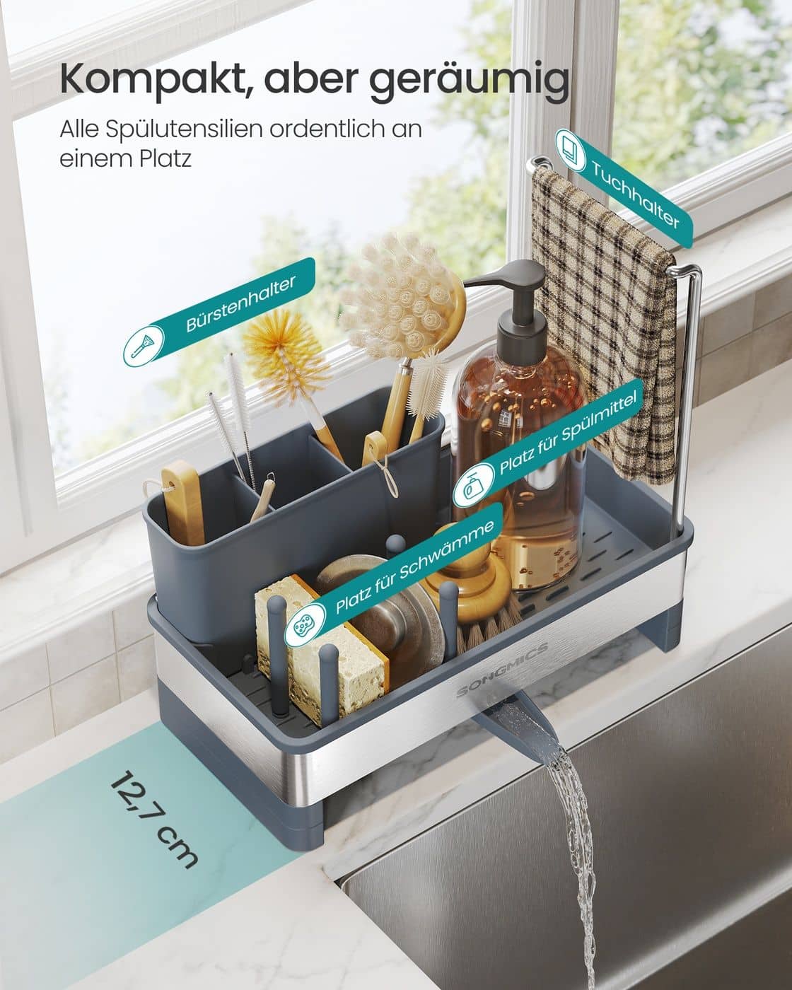Spülbecken Organizer mit Halter für Schwämme und Bürsten schiefergrau-silbern