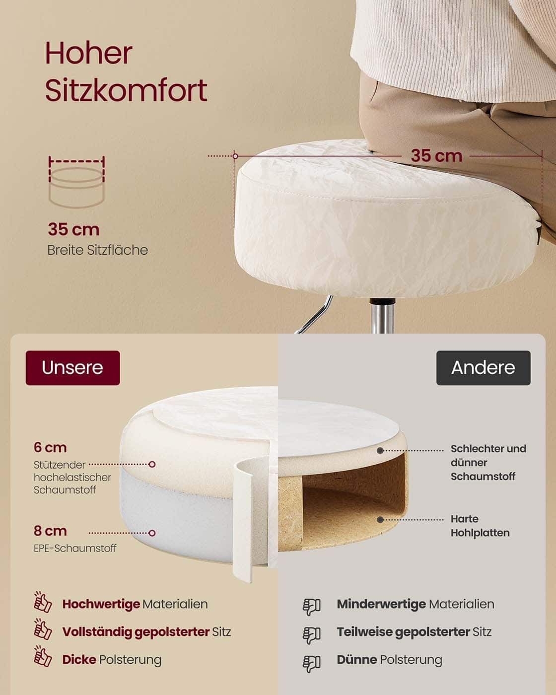 Höhenverstellbarer und 360° drehbarer Schminkhocker cremeweiß Höhenverstellbarer und 360° drehbarer Schminkhocker cremeweiß