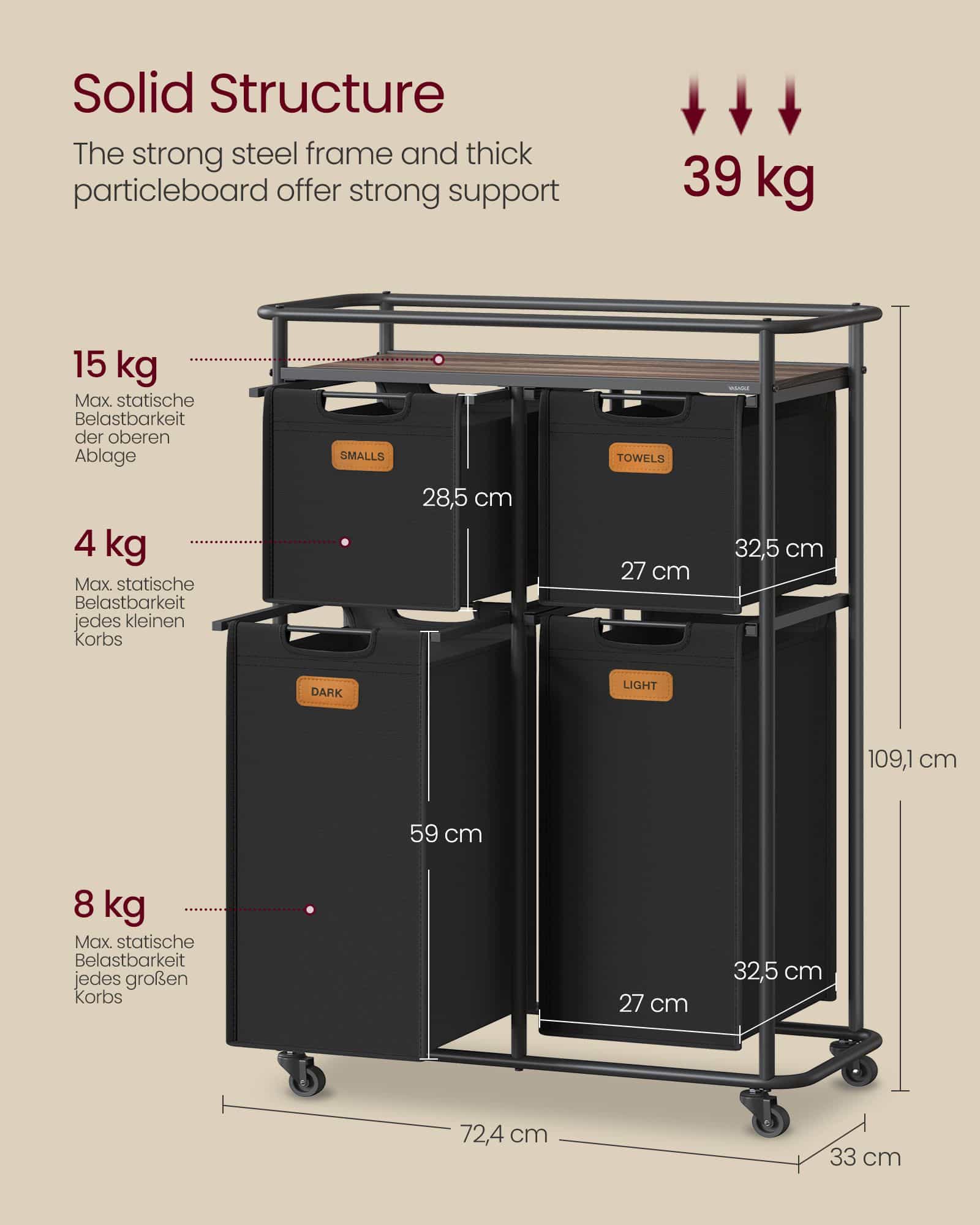 Wäschesortierer mit Rädern und 4 abnehmbaren Taschen Wäschesortierer mit Rädern und 4 abnehmbaren Taschen