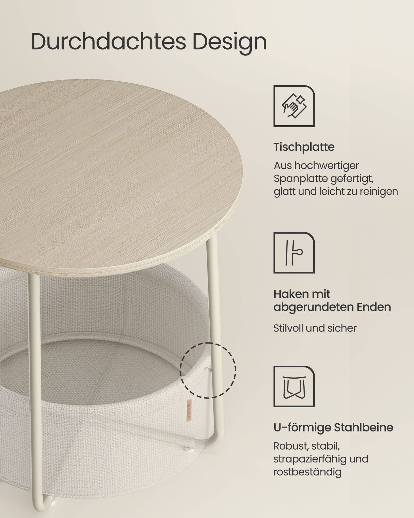Beistelltisch rund mit Korb aus Stoff Beistelltisch rund mit Korb aus Stoff