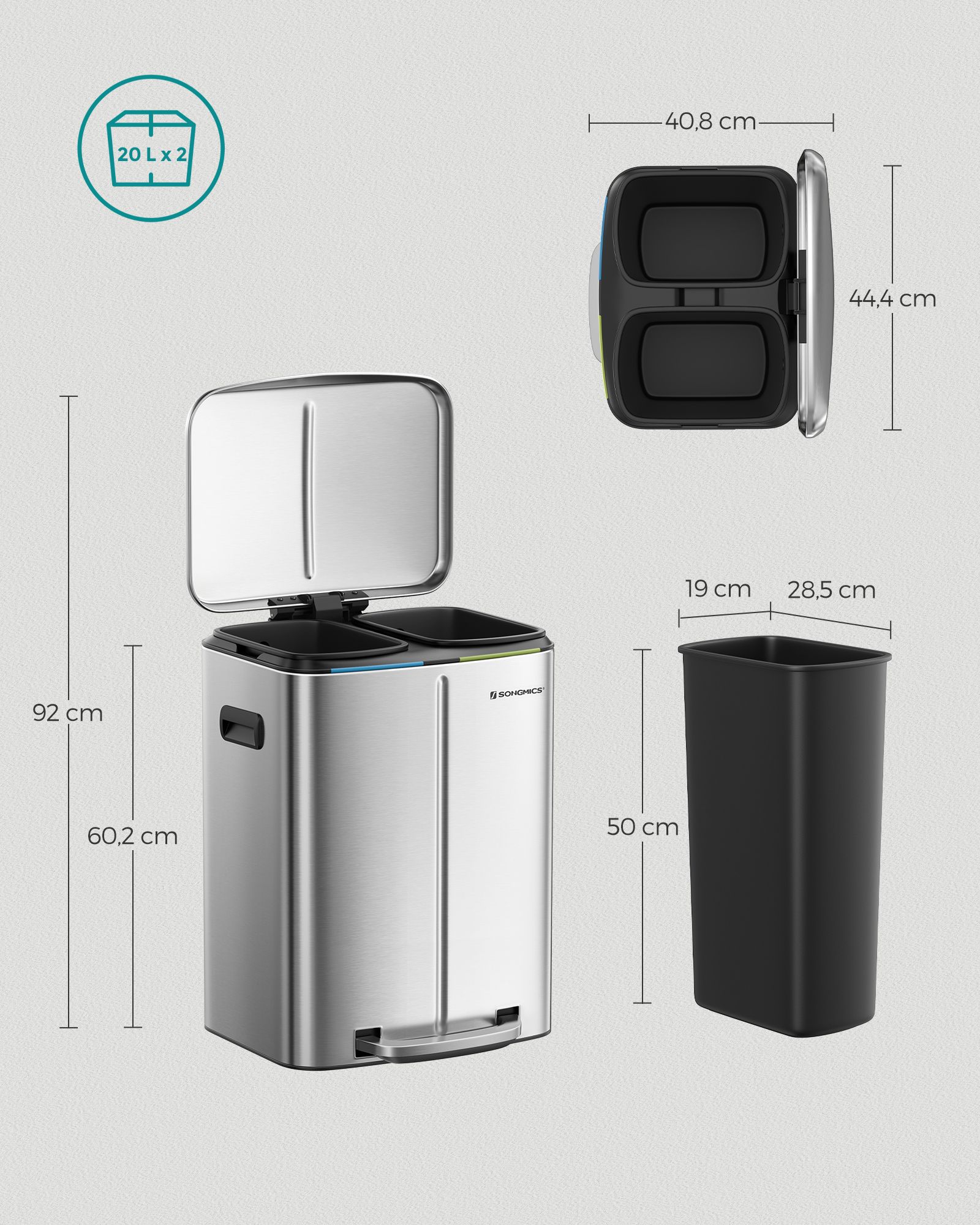 40 L Mülleimer mit 2 Fächern silbern-LTB40NL 40 L Mülleimer mit 2 Fächern silbern-LTB40NL