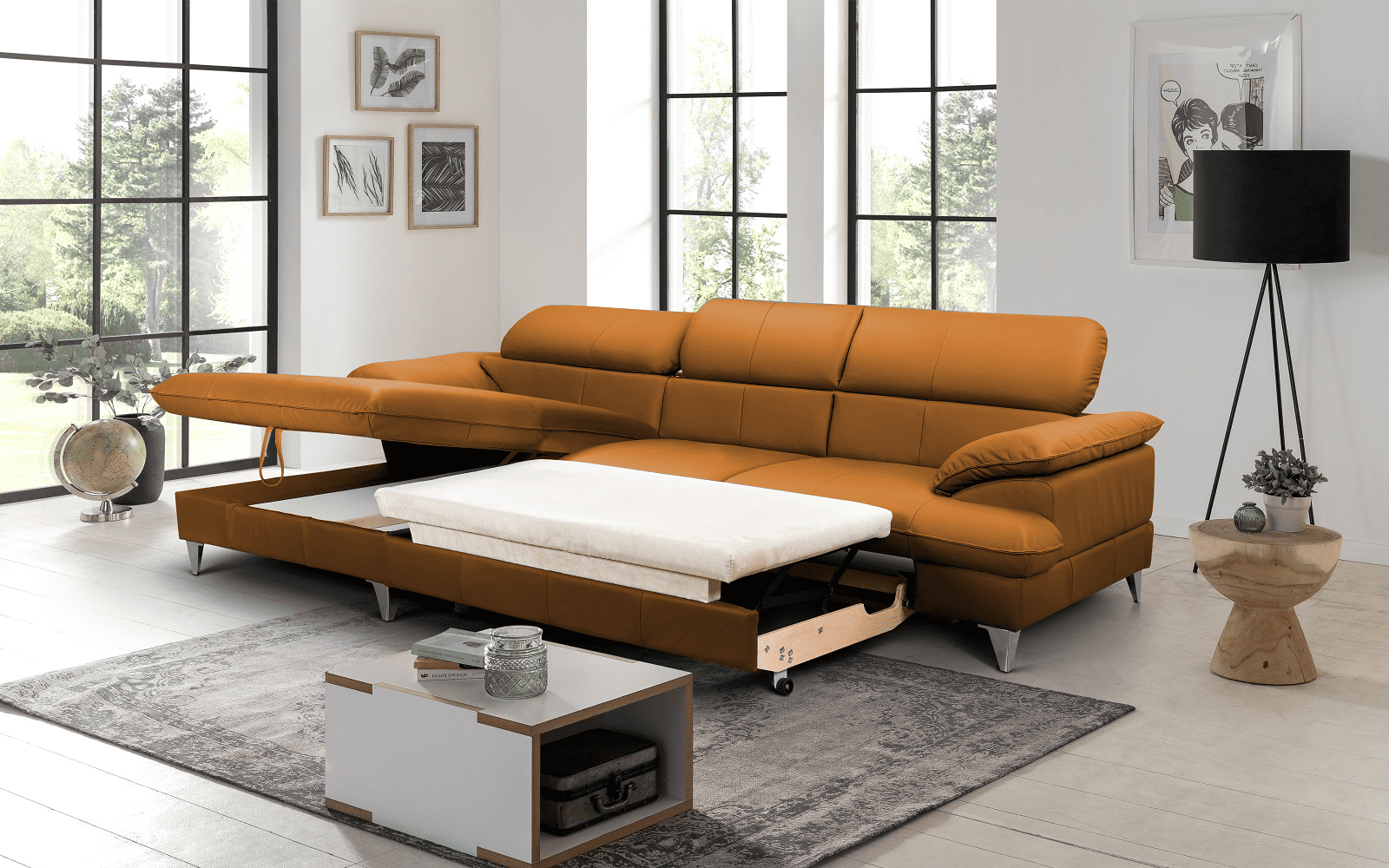 David Ecksofa Echtleder – Schlafsofa mit Bettkasten