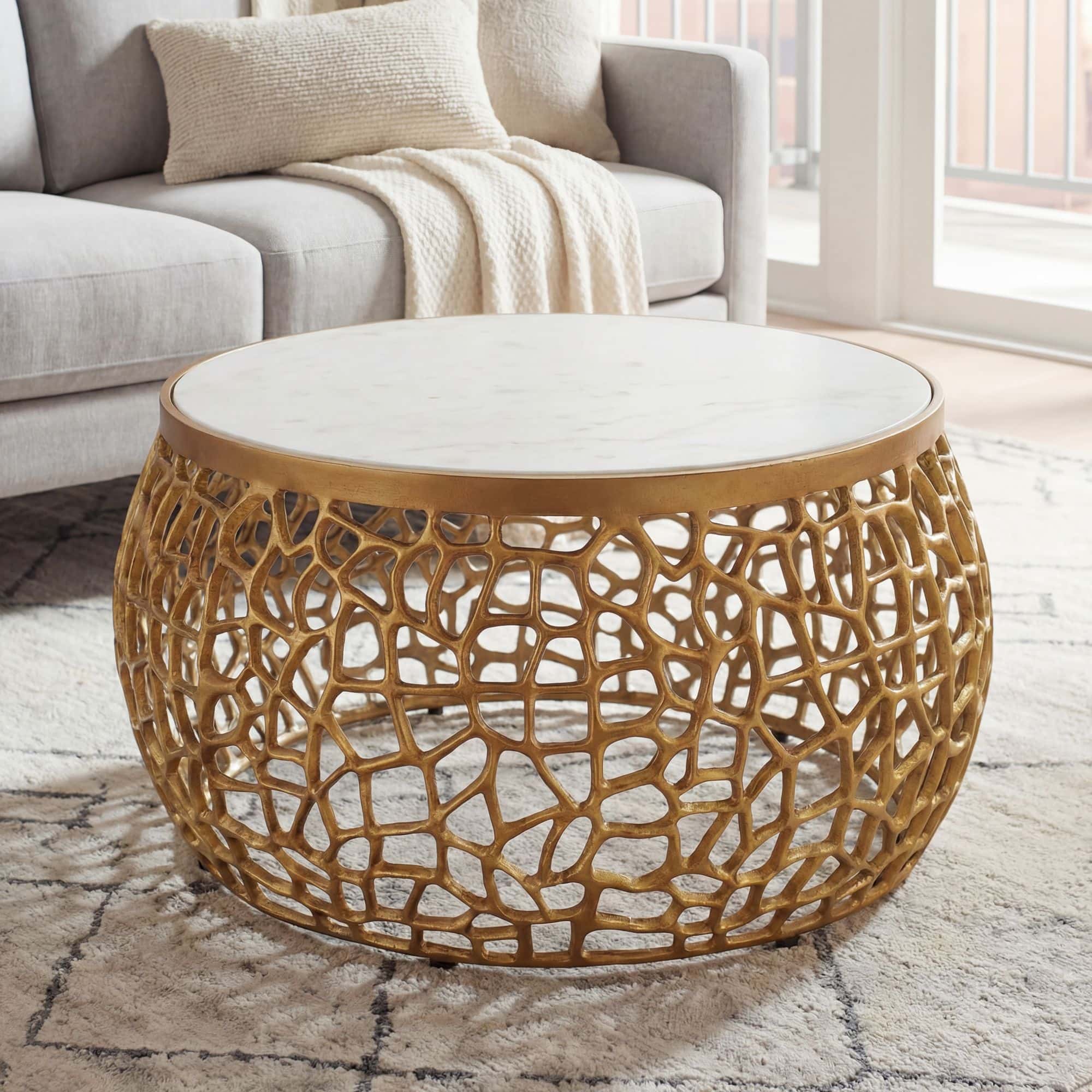 Design Metall Couchtisch Gold mit weißer Marmor Tischplatte 60 cm rund - Aluminium Wohnzimmertisch Modern - Loungetisch Alu Beistelltisch Wohnzimmer Handmade