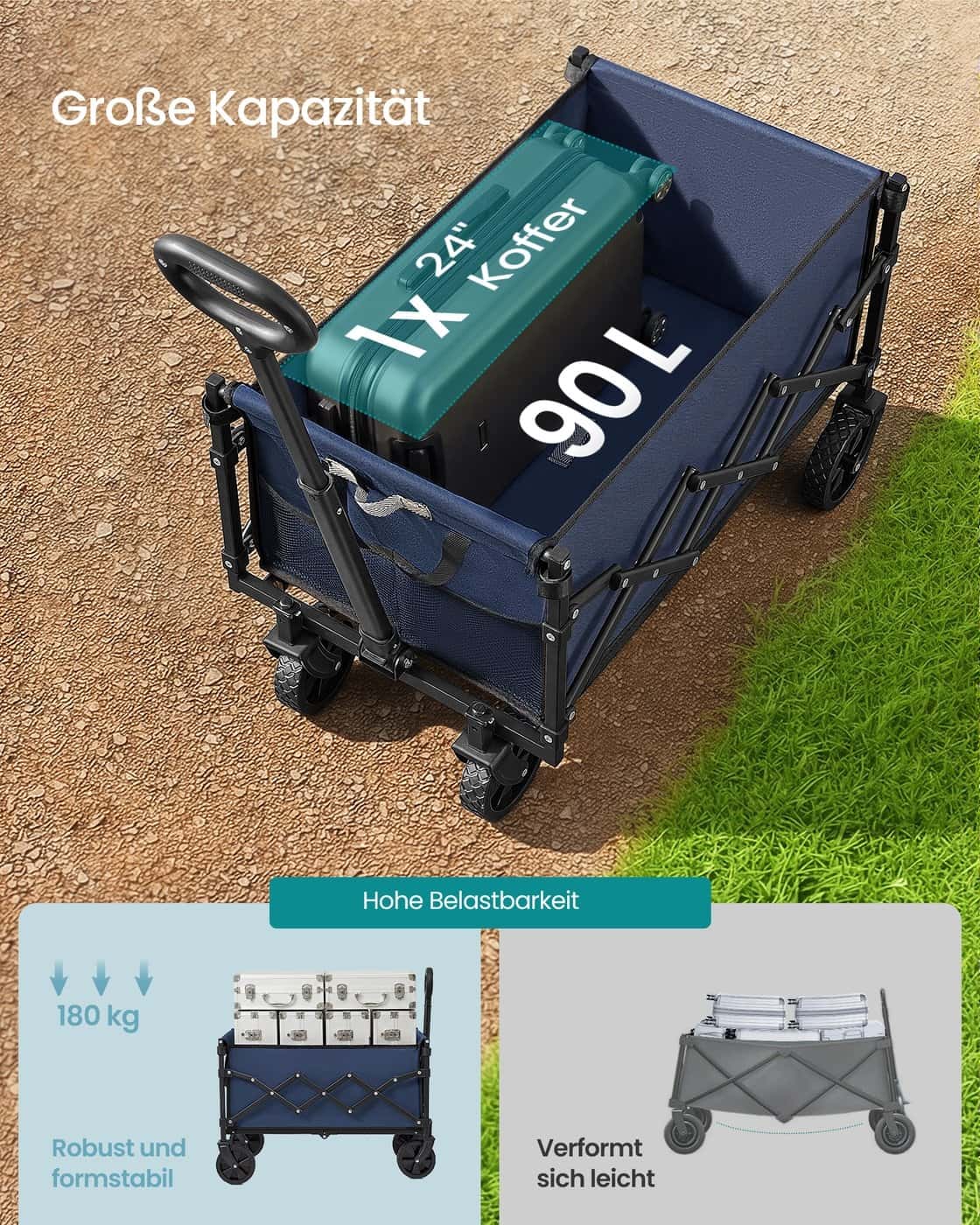 Kleiner Handwagen faltbar mit 4 verstärkten Rollen und Griff Mitternachtsblau Kleiner Handwagen faltbar mit 4 verstärkten Rollen und Griff Mitternachtsblau