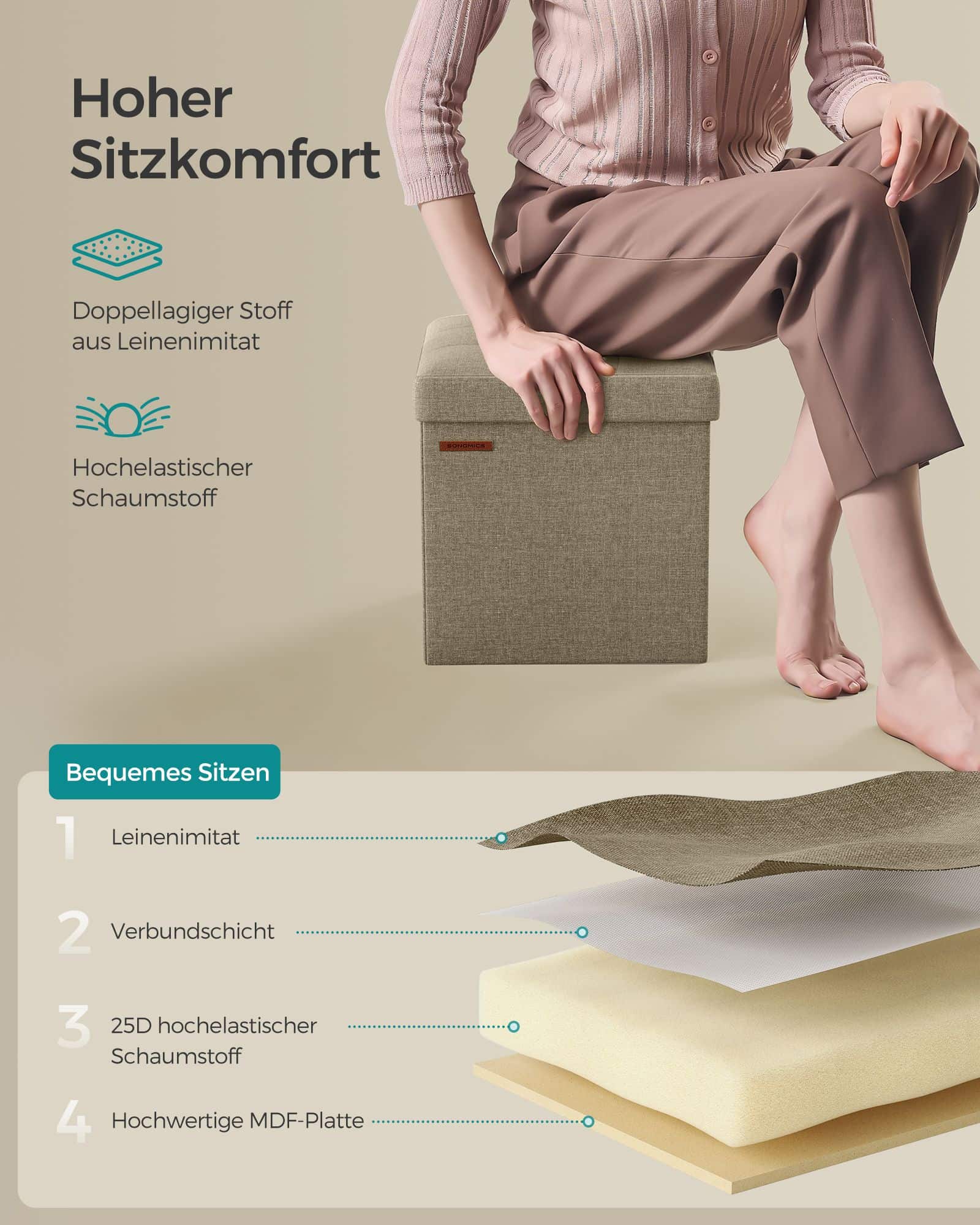 Klappbarer Sitzhocker mit Stauraum 30 x 30 cm kamelbraun Klappbarer Sitzhocker mit Stauraum 30 x 30 cm kamelbraun